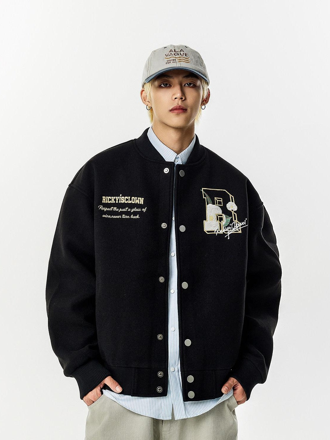 RickyisClown Camellia Floral Embroidered Detailed Men's Wool Blend Polyester Baseball Jerseys