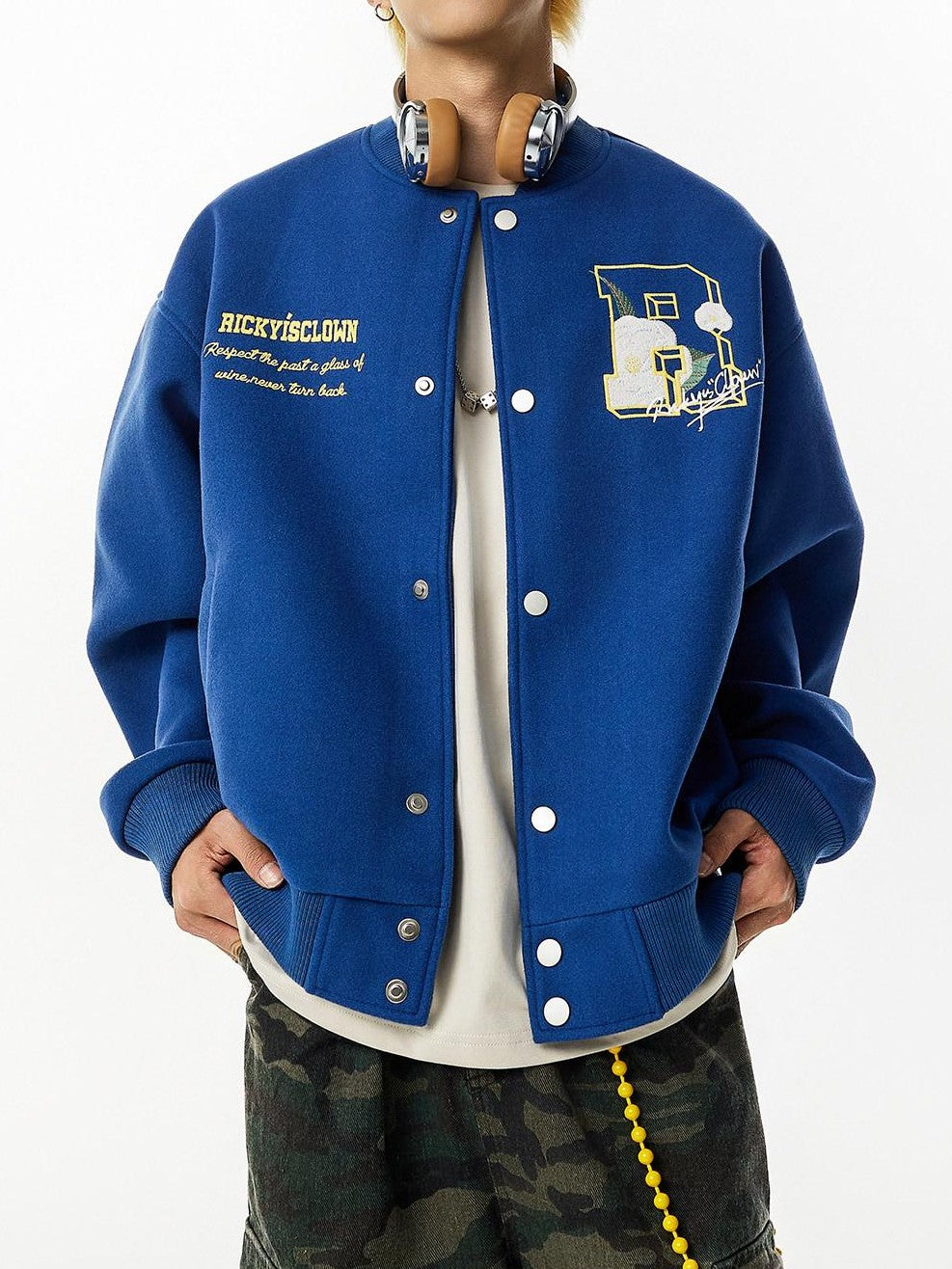 RickyisClown Camellia Floral Embroidered Detailed Men's Wool Blend Polyester Baseball Jerseys