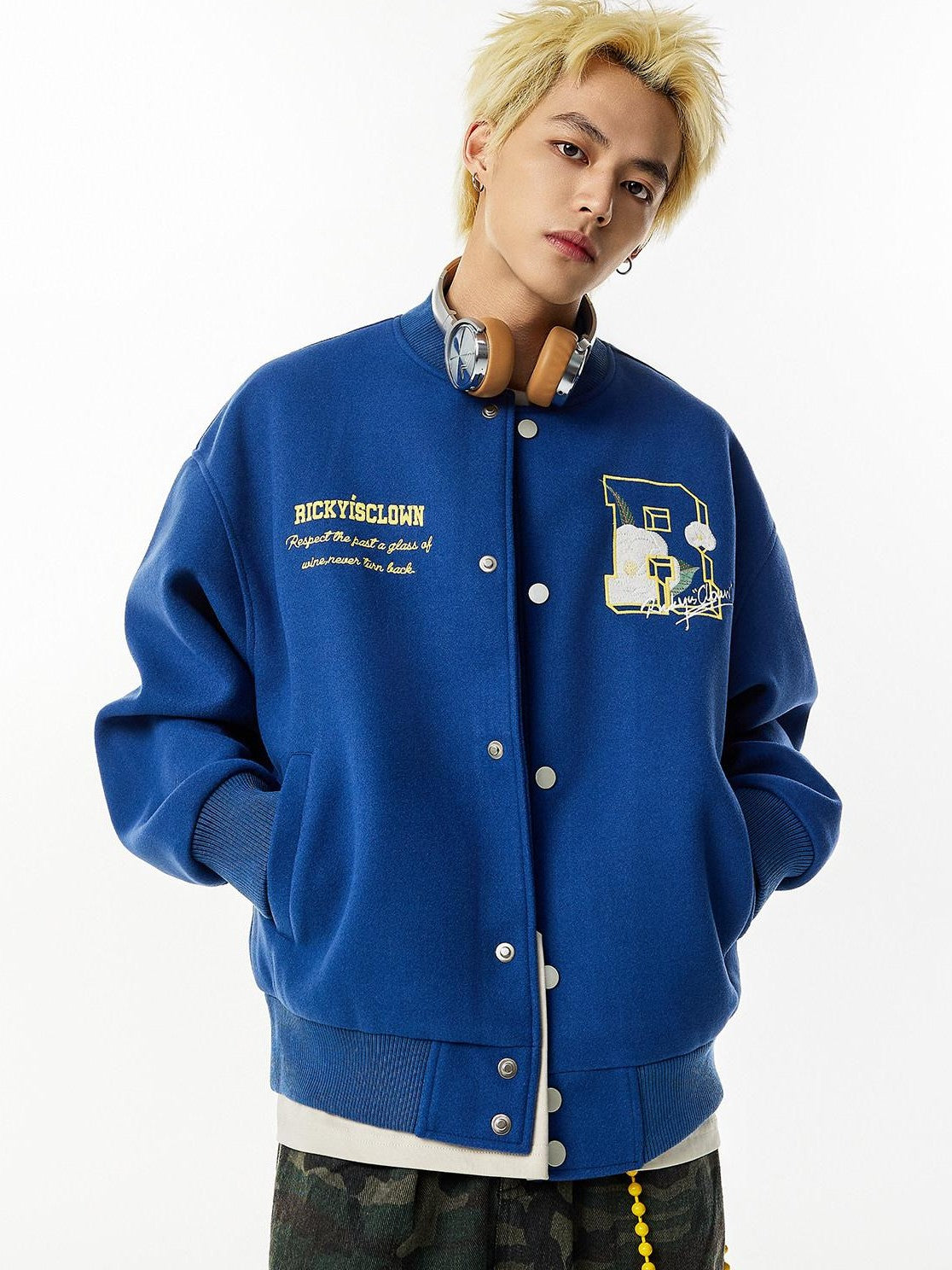 RickyisClown Camellia Floral Embroidered Detailed Men's Wool Blend Polyester Baseball Jerseys