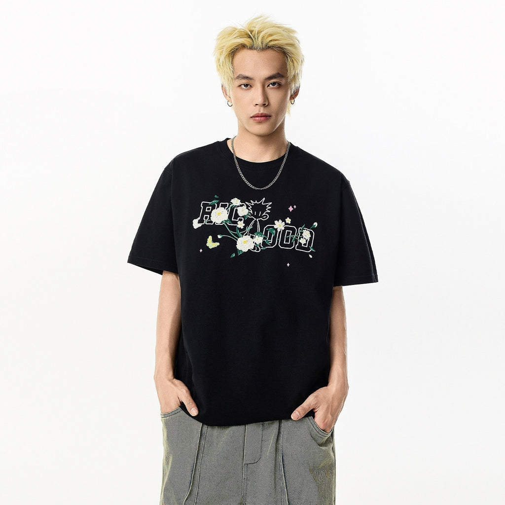 RickyisClown_Camellia_Floral_Pineapple_Embroidery_Men's_Cotton_Blend_Short_Sleeve_T-shirts_MISSTT