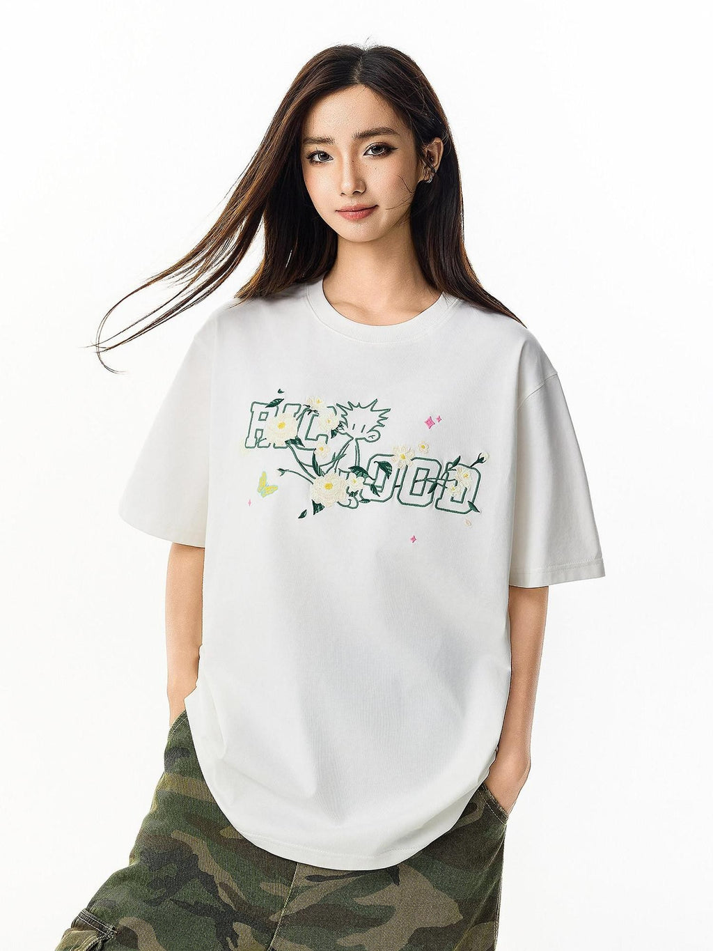 RickyisClown Camellia Floral Pineapple Embroidery Men's Cotton Blend Short Sleeve T-shirts