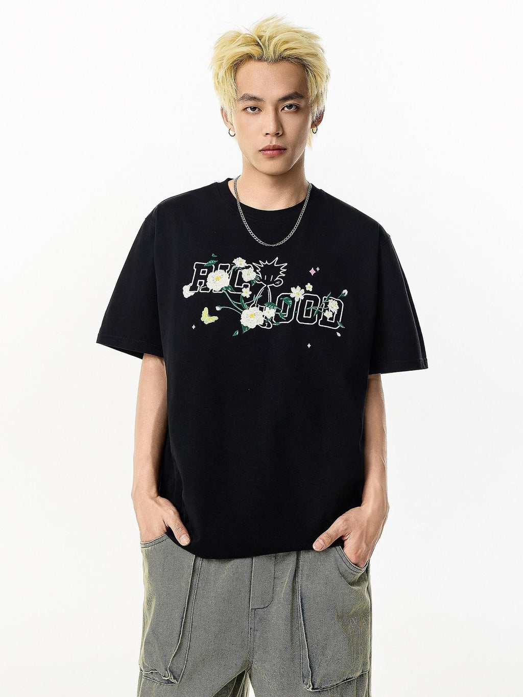 RickyisClown Camellia Floral Pineapple Embroidery Men's Cotton Blend Short Sleeve T-shirts