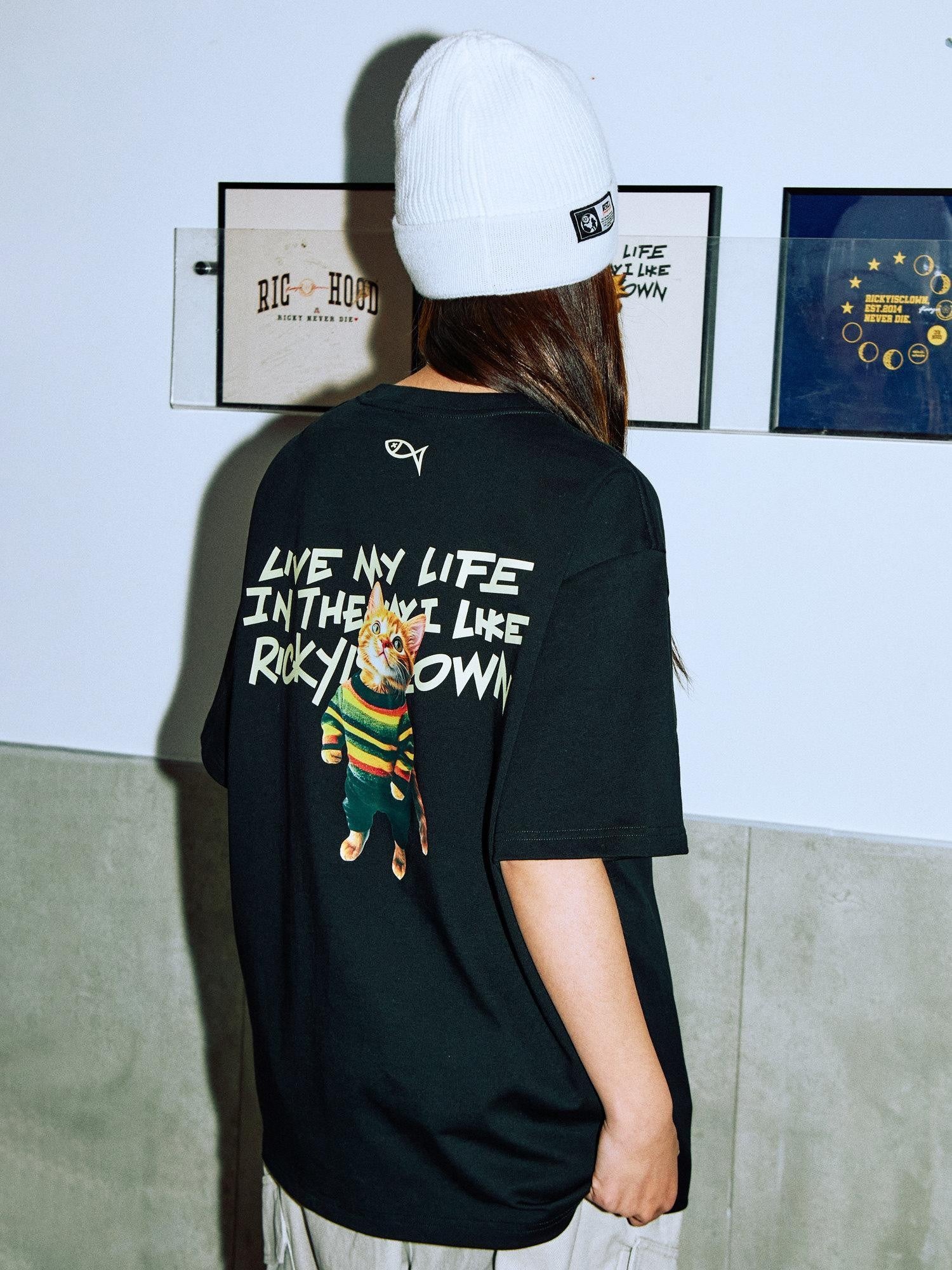 RickyisClown Cartoon Cat Black Vinyl Print Loose Fit Men's Cotton Blend Short Sleeve T-shirts