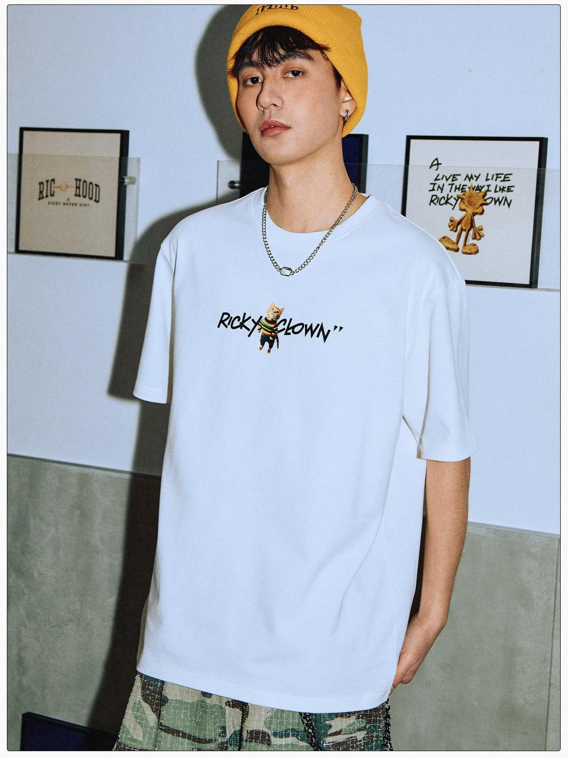 RickyisClown Cartoon Cat Black Vinyl Print Loose Fit Men's Cotton Blend Short Sleeve T-shirts