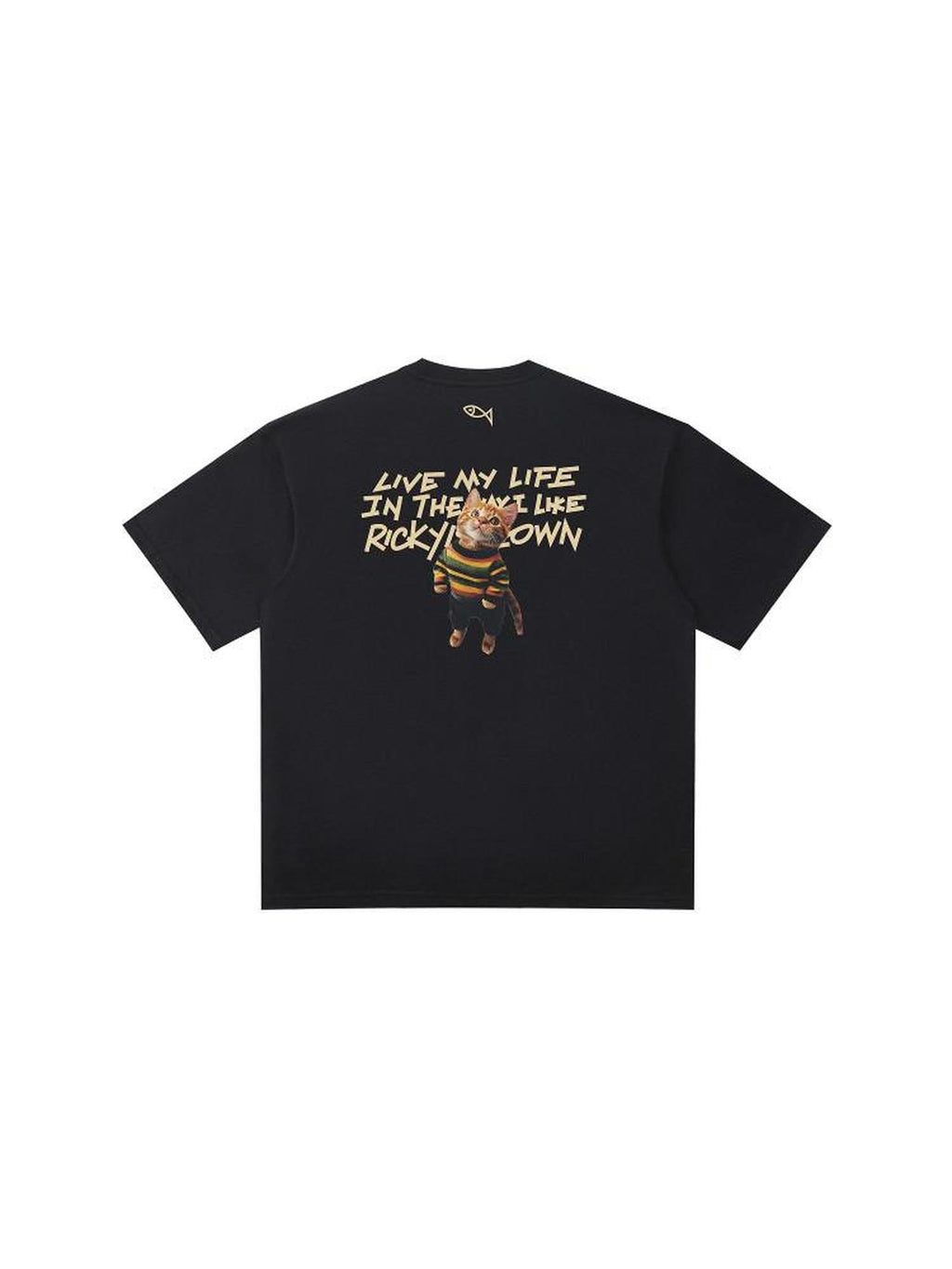 RickyisClown Cartoon Cat Black Vinyl Print Loose Fit Men's Cotton Blend Short Sleeve T-shirts