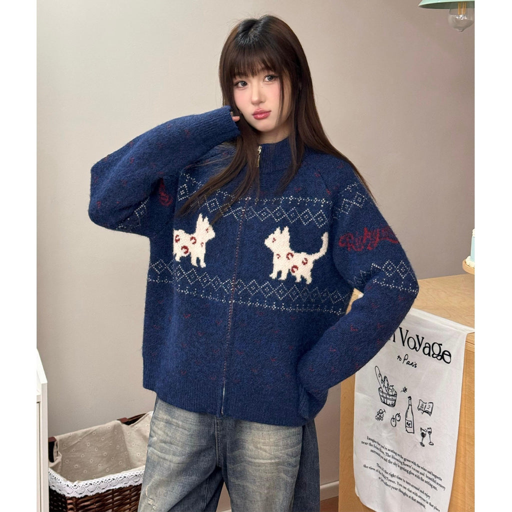 RickyisClown_Cat_Motif_Zipper_Stand_Collar_Loose_Fit_Men's_Polyester_Blend_Cardigans_MISSTT