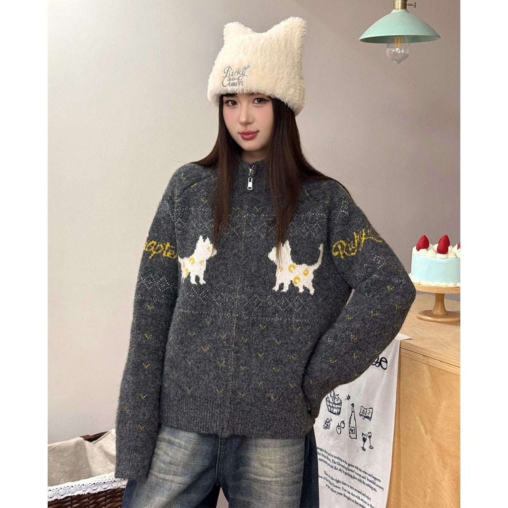 RickyisClown_Cat_Motif_Zipper_Stand_Collar_Loose_Fit_Men's_Polyester_Blend_Cardigans_MISSTT