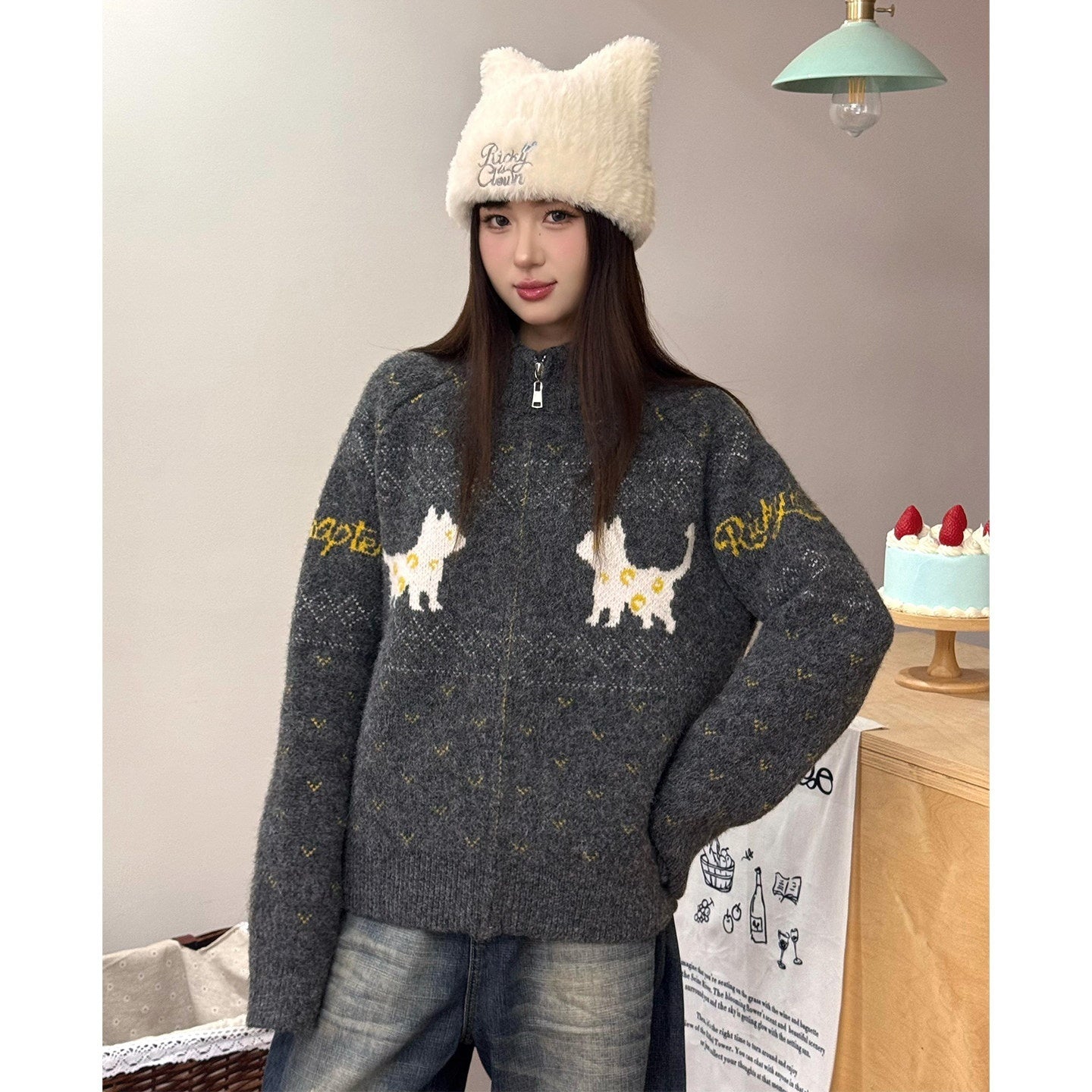 RickyisClown_Cat_Motif_Zipper_Stand_Collar_Loose_Fit_Men's_Polyester_Blend_Cardigans_MISSTT