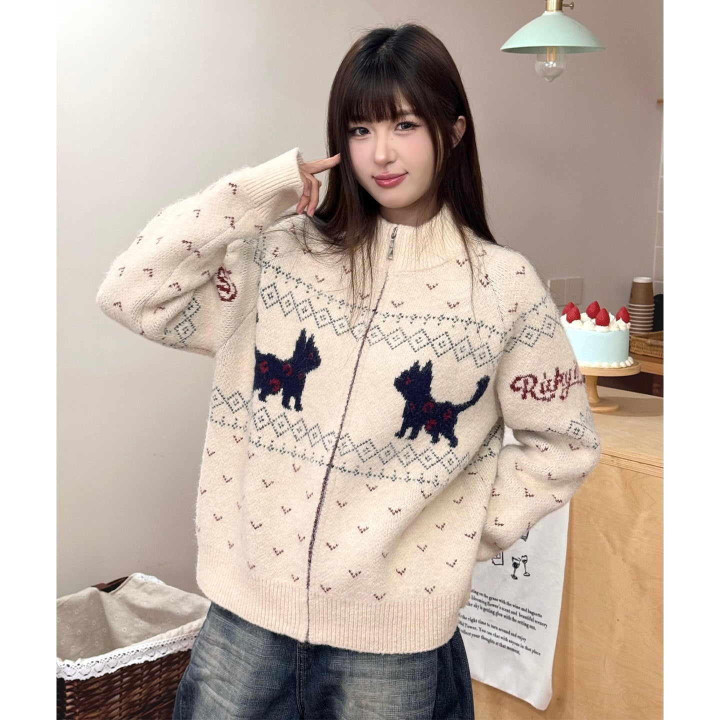 RickyisClown_Cat_Motif_Zipper_Stand_Collar_Loose_Fit_Men's_Polyester_Blend_Cardigans_MISSTT