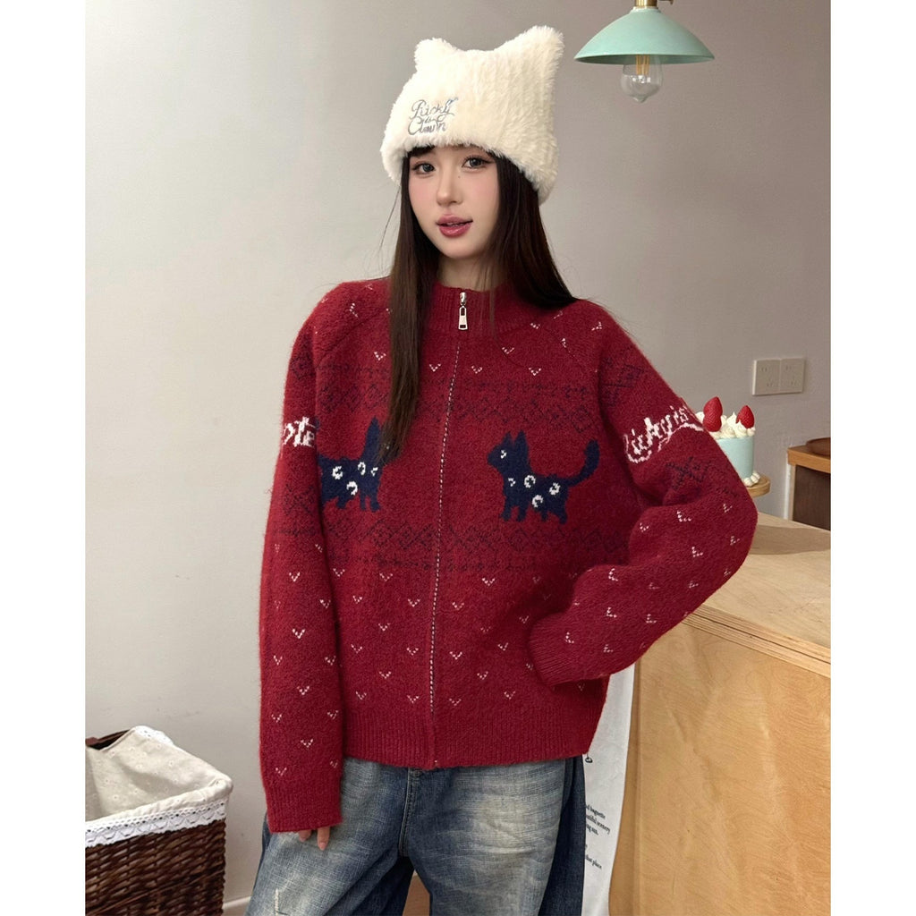 RickyisClown_Cat_Motif_Zipper_Stand_Collar_Loose_Fit_Men's_Polyester_Blend_Cardigans_MISSTT