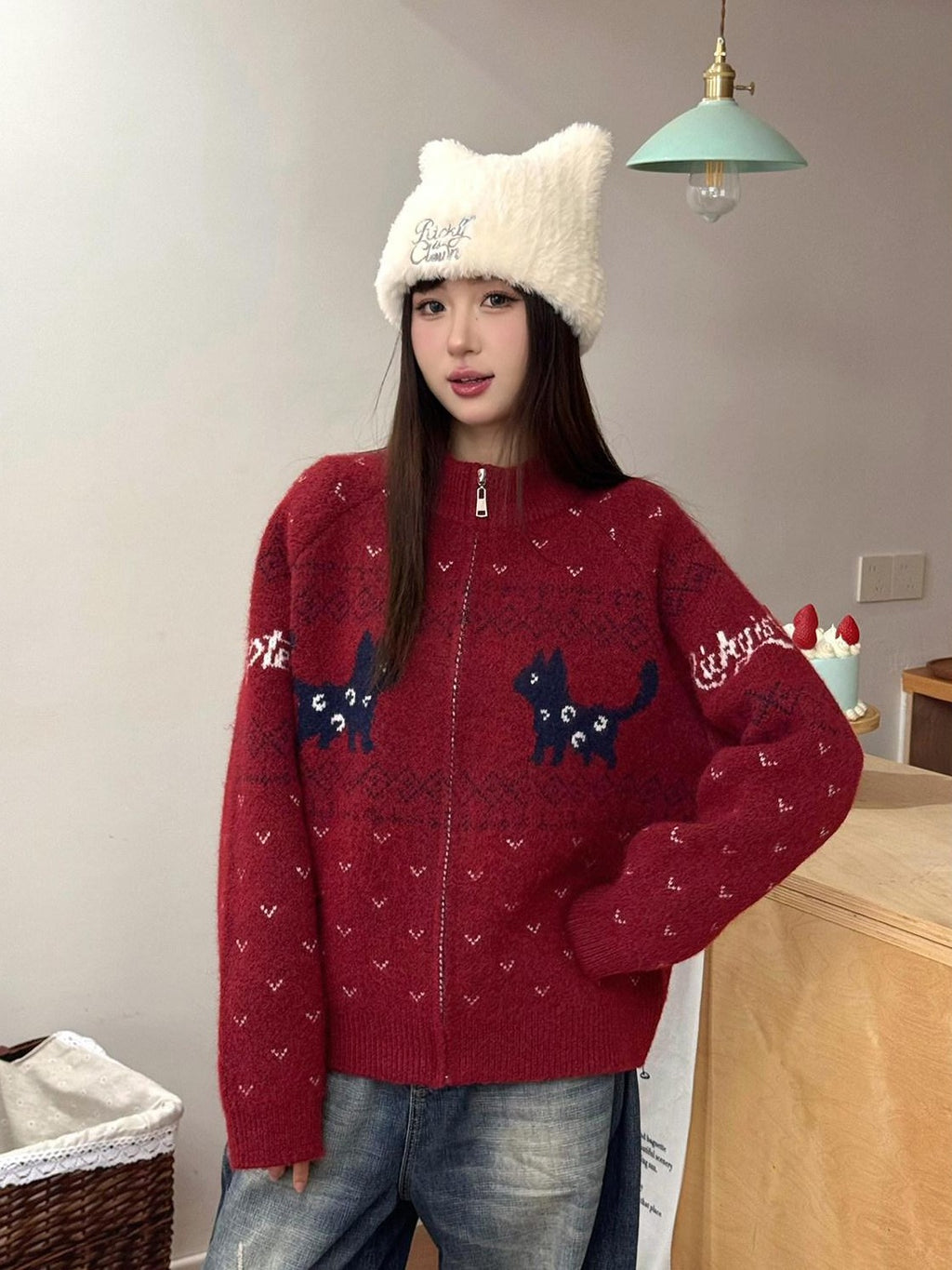 RickyisClown Cat Motif Zipper Stand Collar Loose Fit Men's Polyester Blend Cardigans