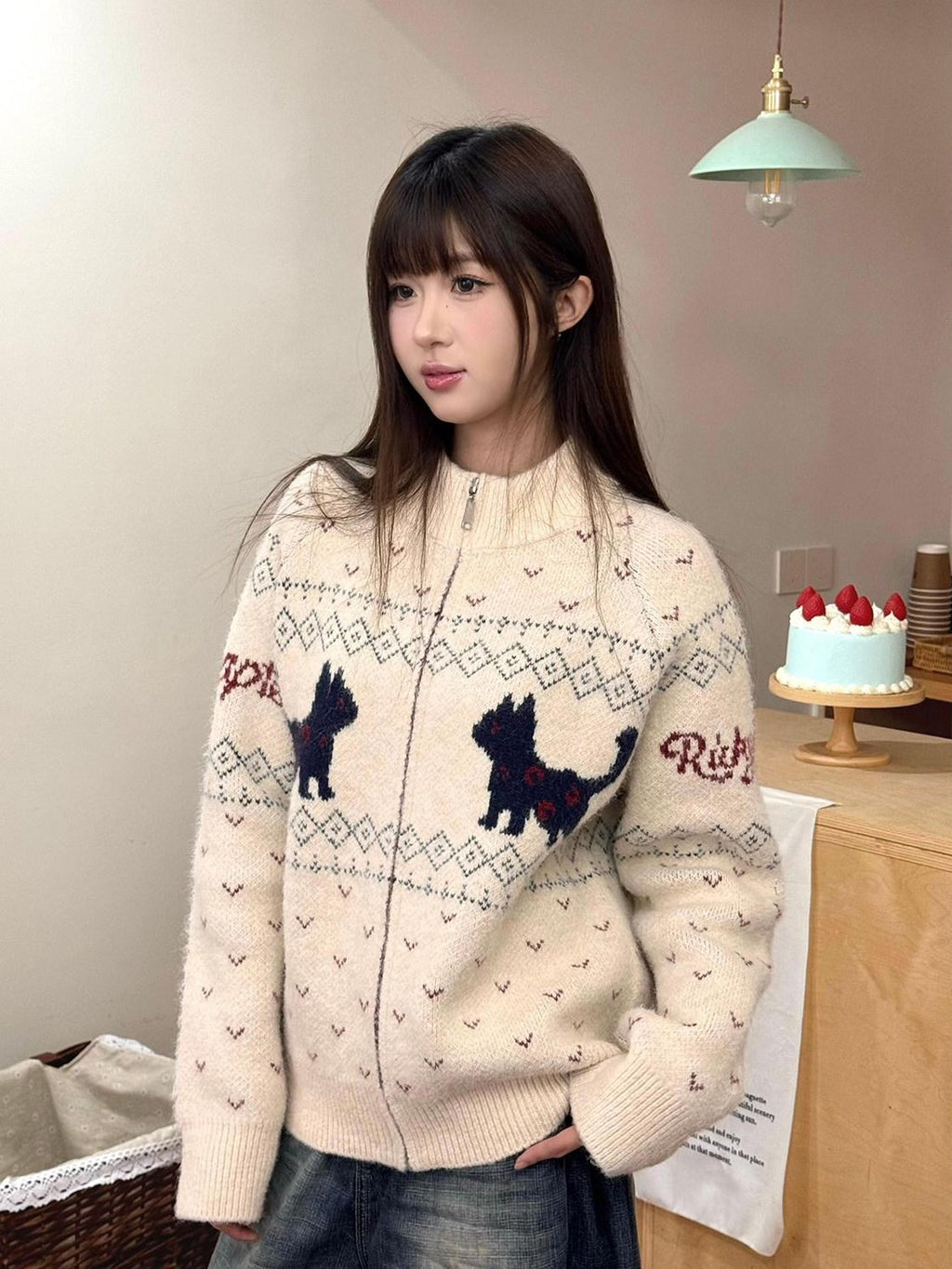 RickyisClown Cat Motif Zipper Stand Collar Loose Fit Men's Polyester Blend Cardigans