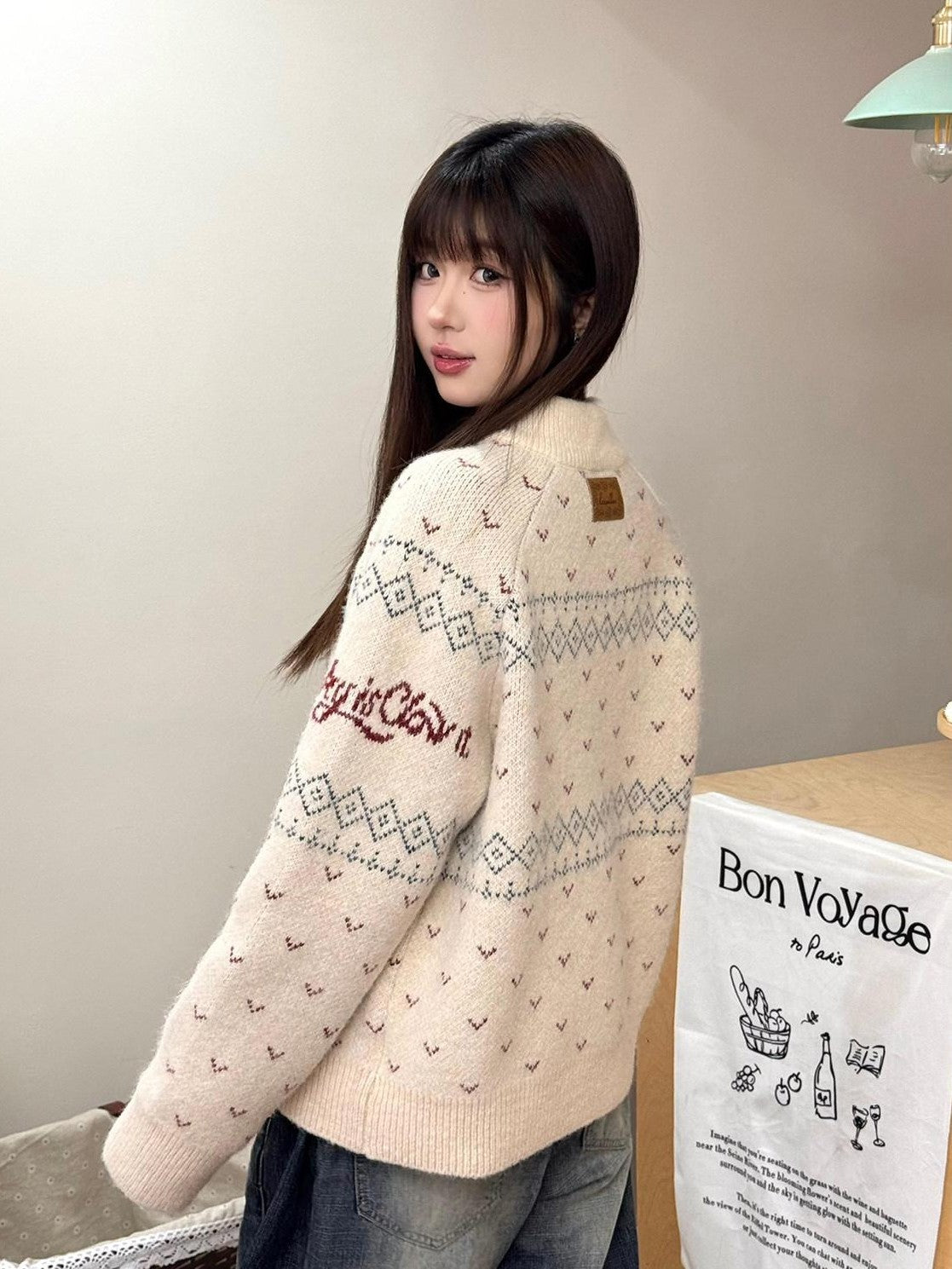 RickyisClown Cat Motif Zipper Stand Collar Loose Fit Men's Polyester Blend Cardigans