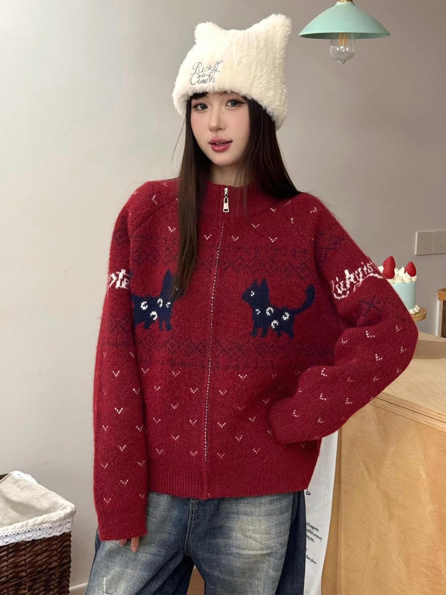 RickyisClown Cat Motif Zipper Stand Collar Loose Fit Men's Polyester Blend Cardigans