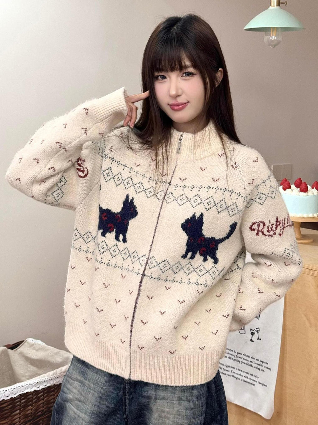 RickyisClown Cat Motif Zipper Stand Collar Loose Fit Men's Polyester Blend Cardigans