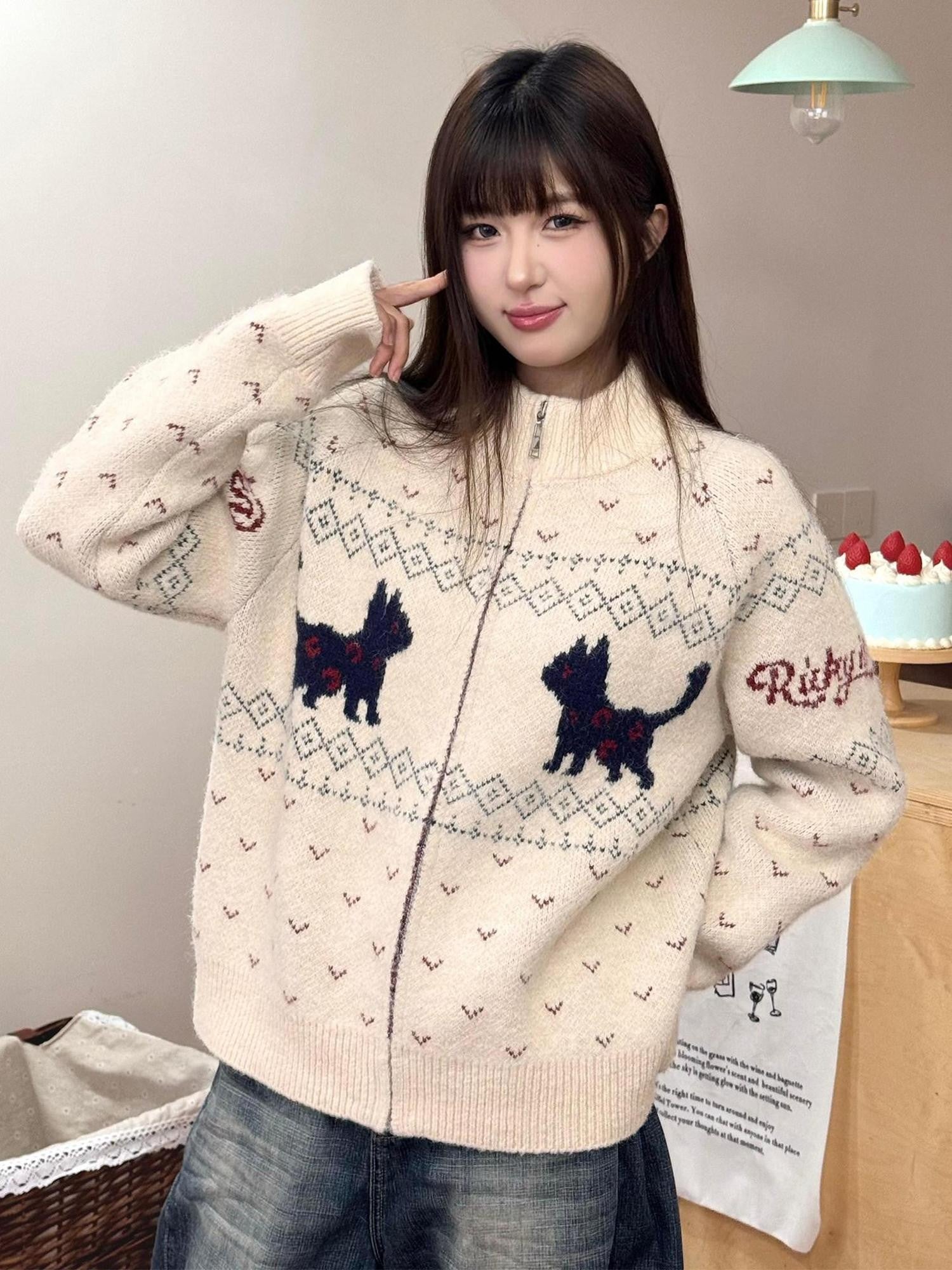 RickyisClown Cat Motif Zipper Stand Collar Loose Fit Men's Polyester Blend Cardigans