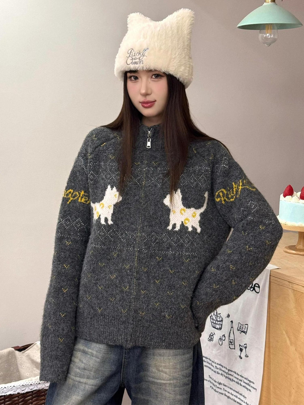 RickyisClown Cat Motif Zipper Stand Collar Loose Fit Men's Polyester Blend Cardigans