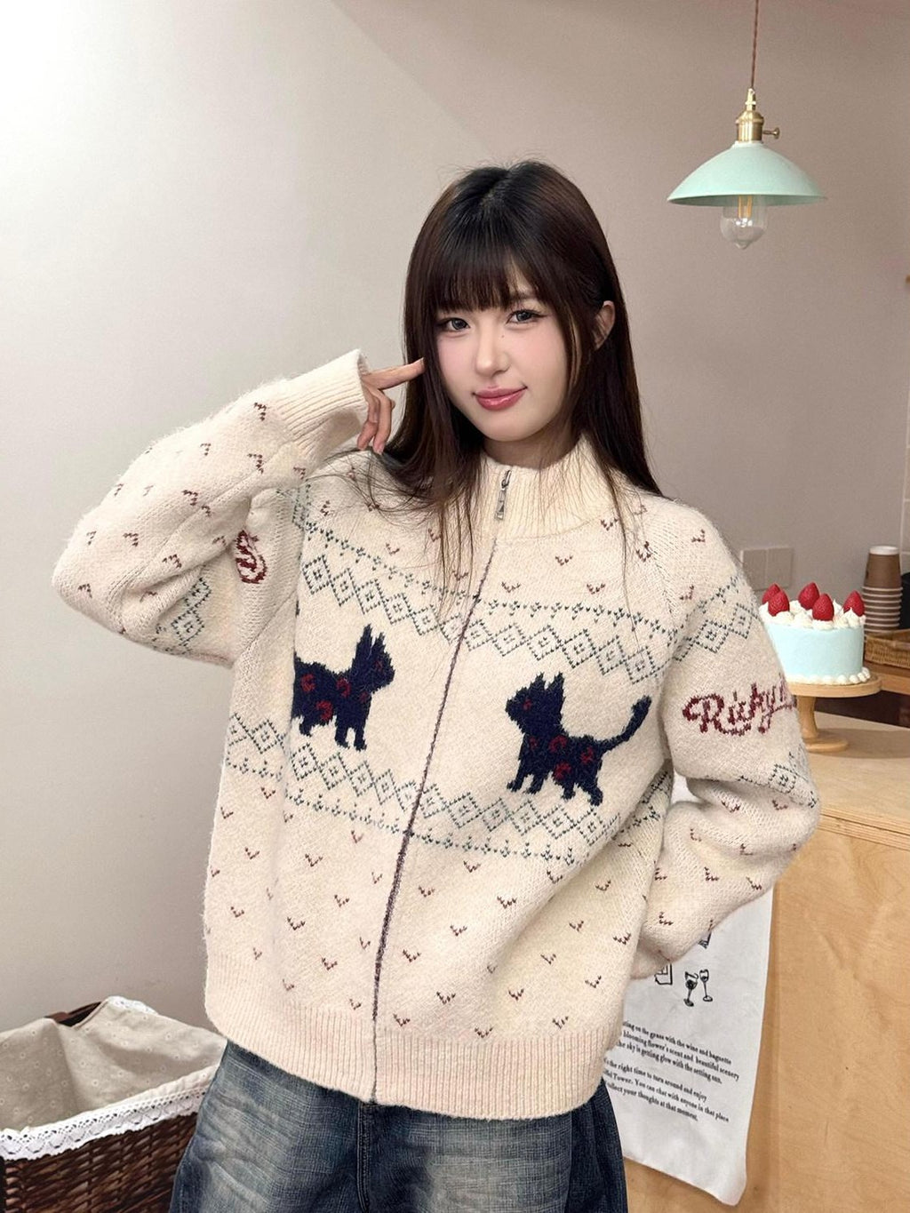 RickyisClown Cat Motif Zipper Stand Collar Loose Fit Men's Polyester Blend Cardigans