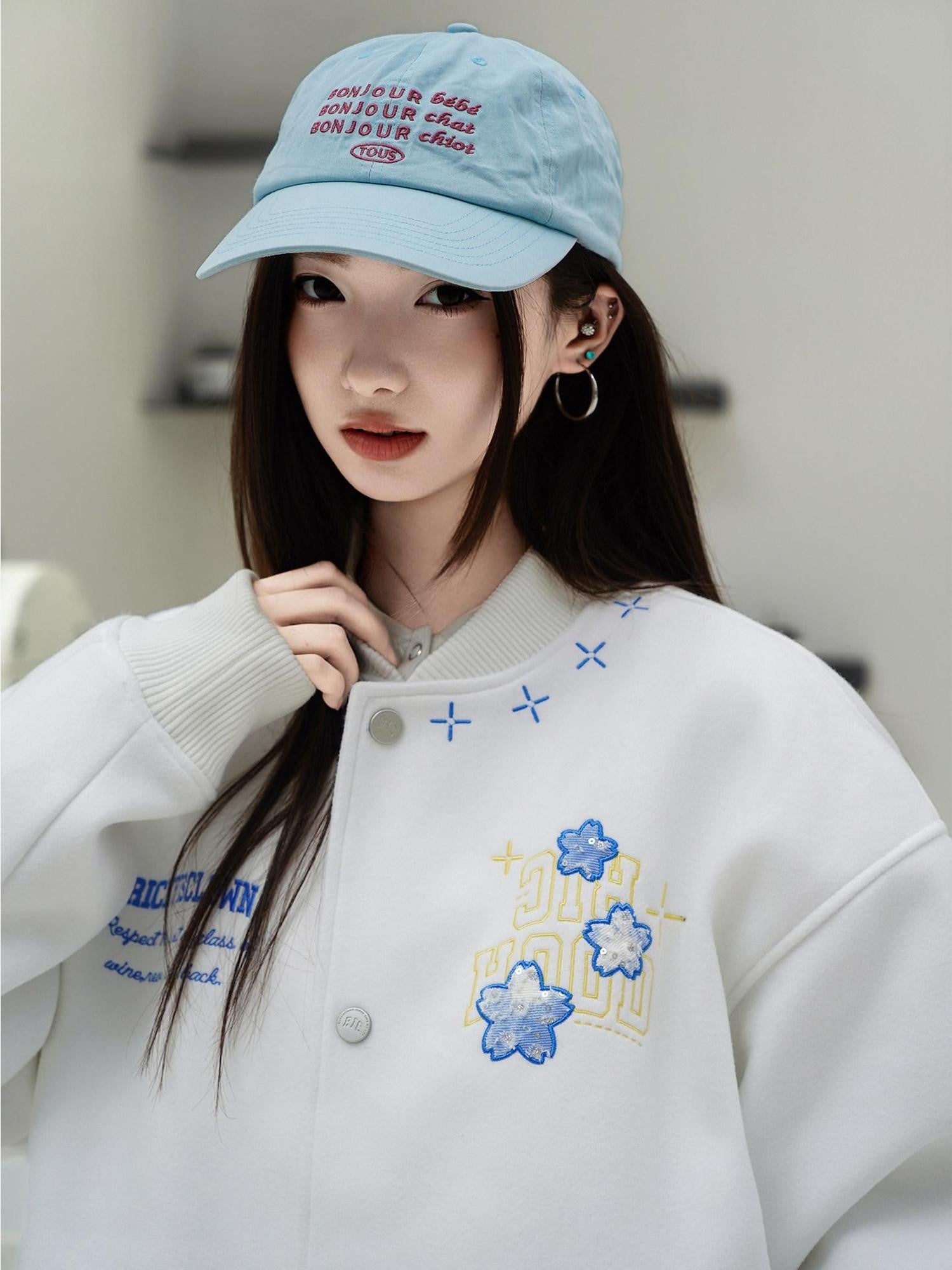 RickyisClown Cherry Blossom Applique Embroidery Men's Oversized Loose Fit Baseball Jerseys
