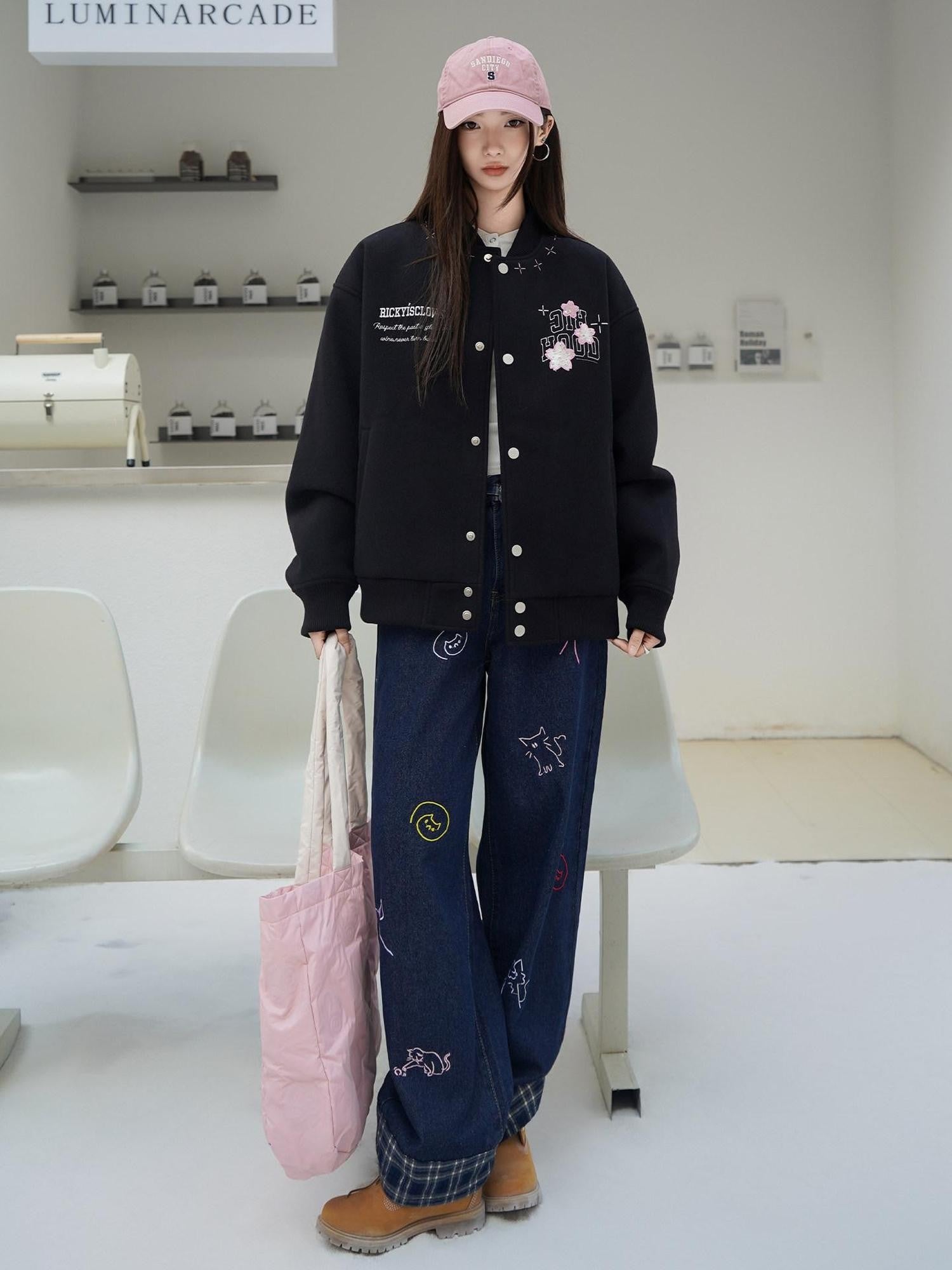RickyisClown Cherry Blossom Applique Embroidery Men's Oversized Loose Fit Baseball Jerseys