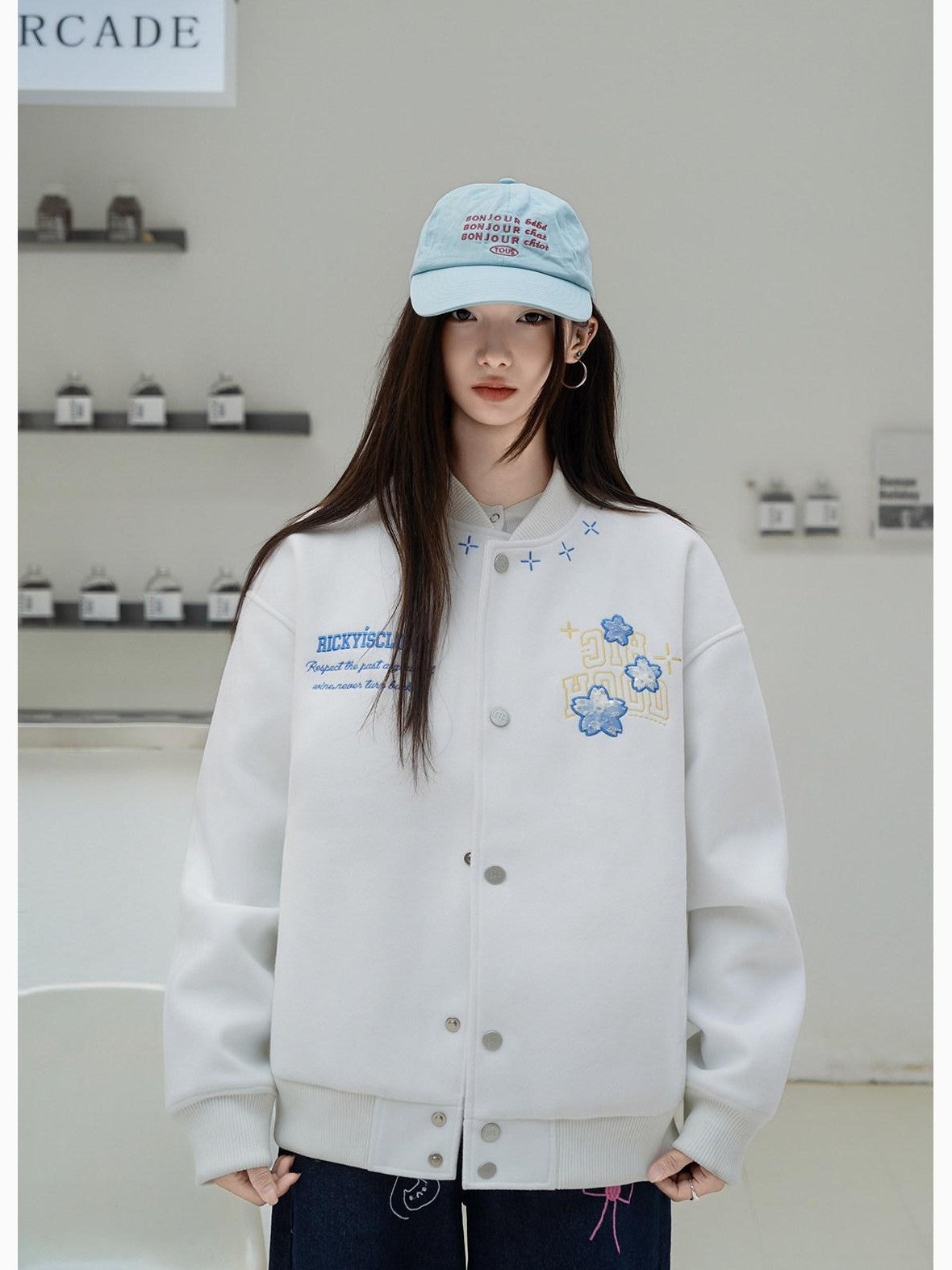 RickyisClown Cherry Blossom Applique Embroidery Men's Oversized Loose Fit Baseball Jerseys