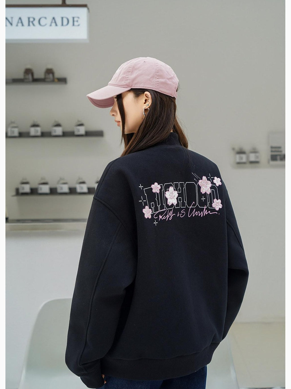 RickyisClown Cherry Blossom Applique Embroidery Men's Oversized Loose Fit Baseball Jerseys