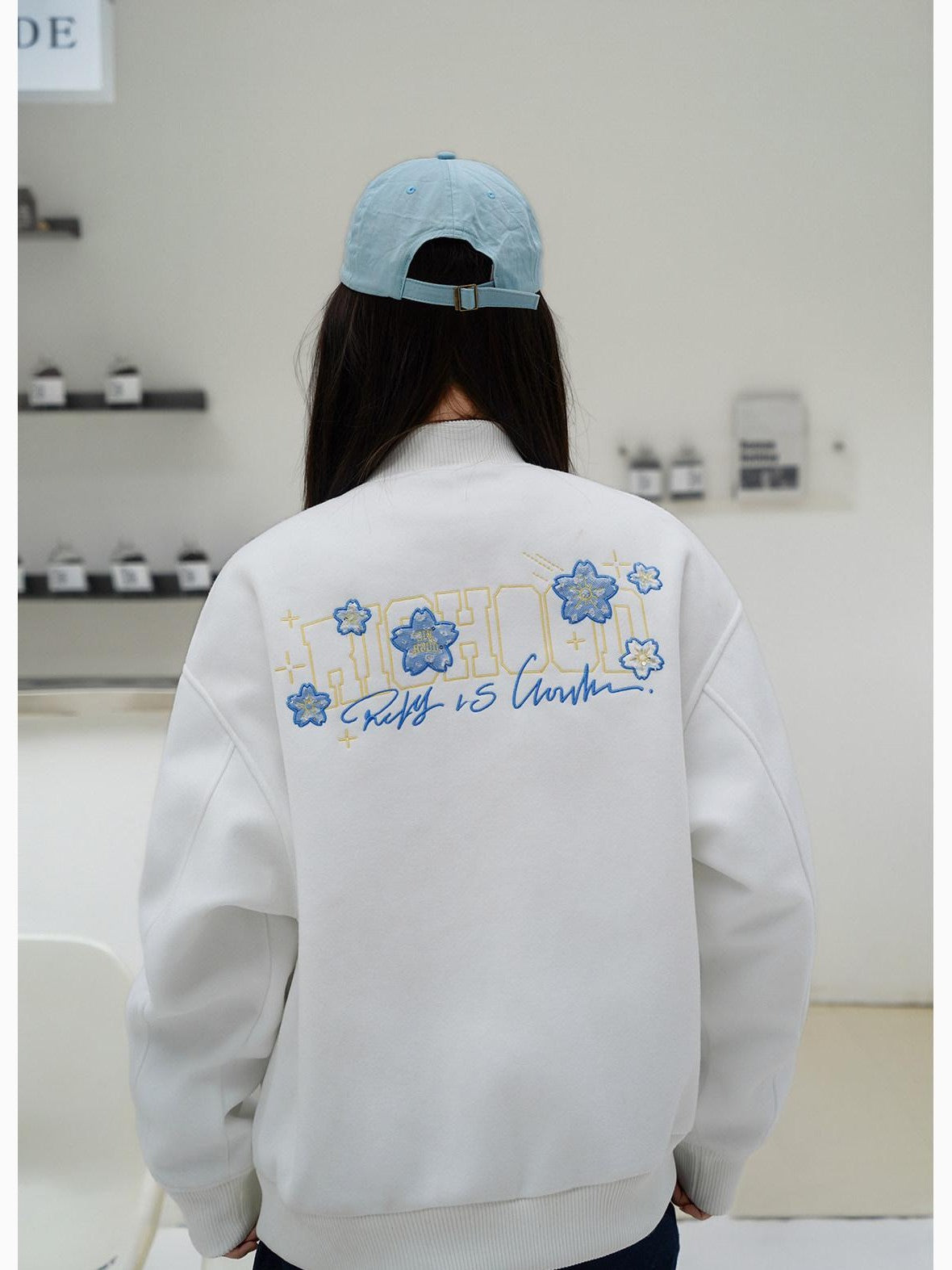 RickyisClown Cherry Blossom Applique Embroidery Men's Oversized Loose Fit Baseball Jerseys