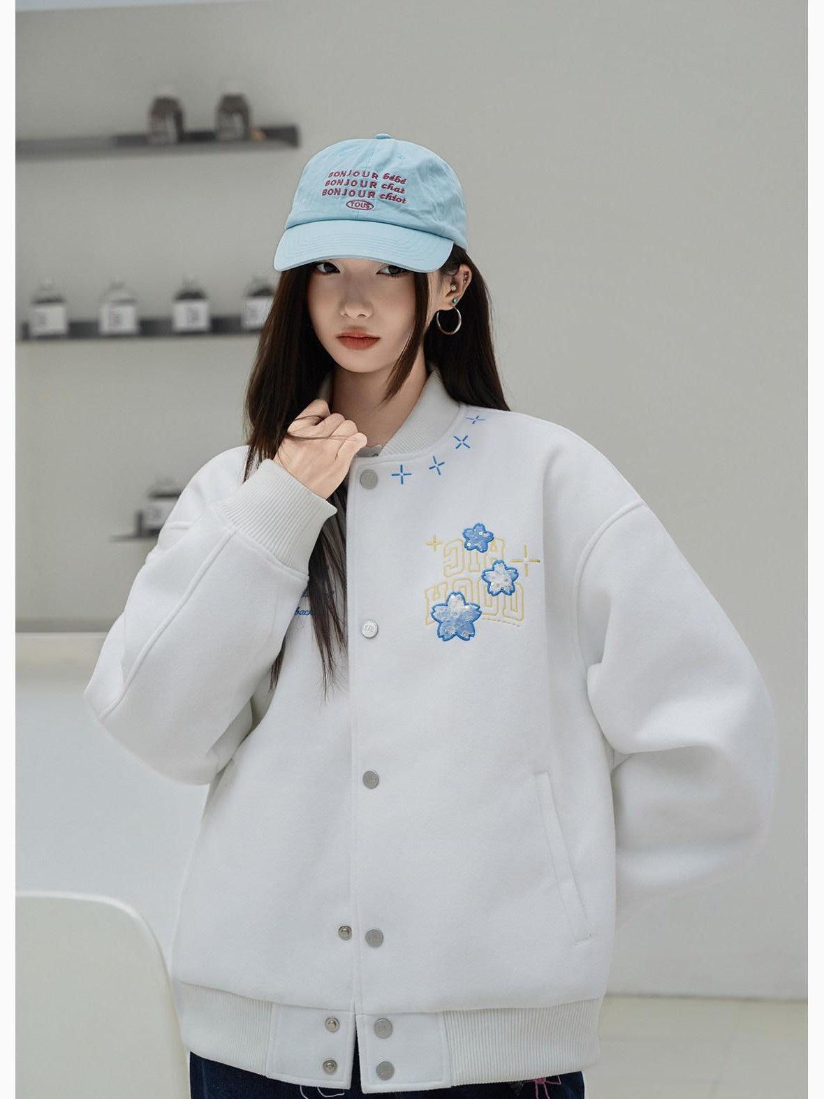 RickyisClown Cherry Blossom Applique Embroidery Men's Oversized Loose Fit Baseball Jerseys