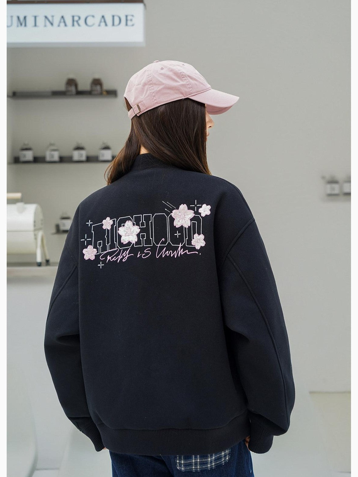 RickyisClown Cherry Blossom Applique Embroidery Men's Oversized Loose Fit Baseball Jerseys