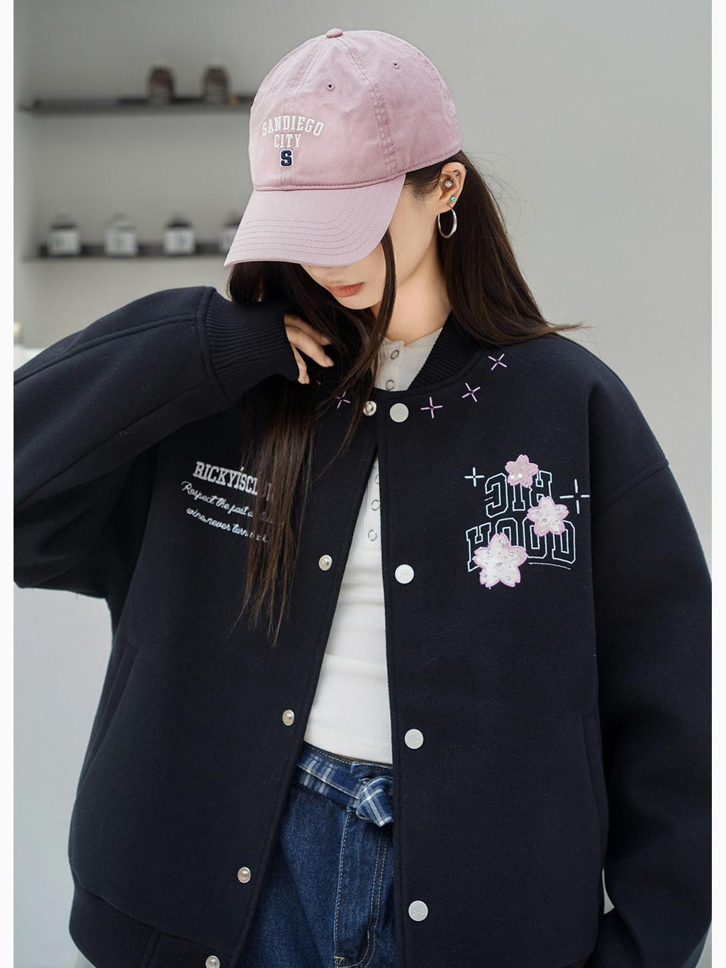RickyisClown Cherry Blossom Applique Embroidery Men's Oversized Loose Fit Baseball Jerseys