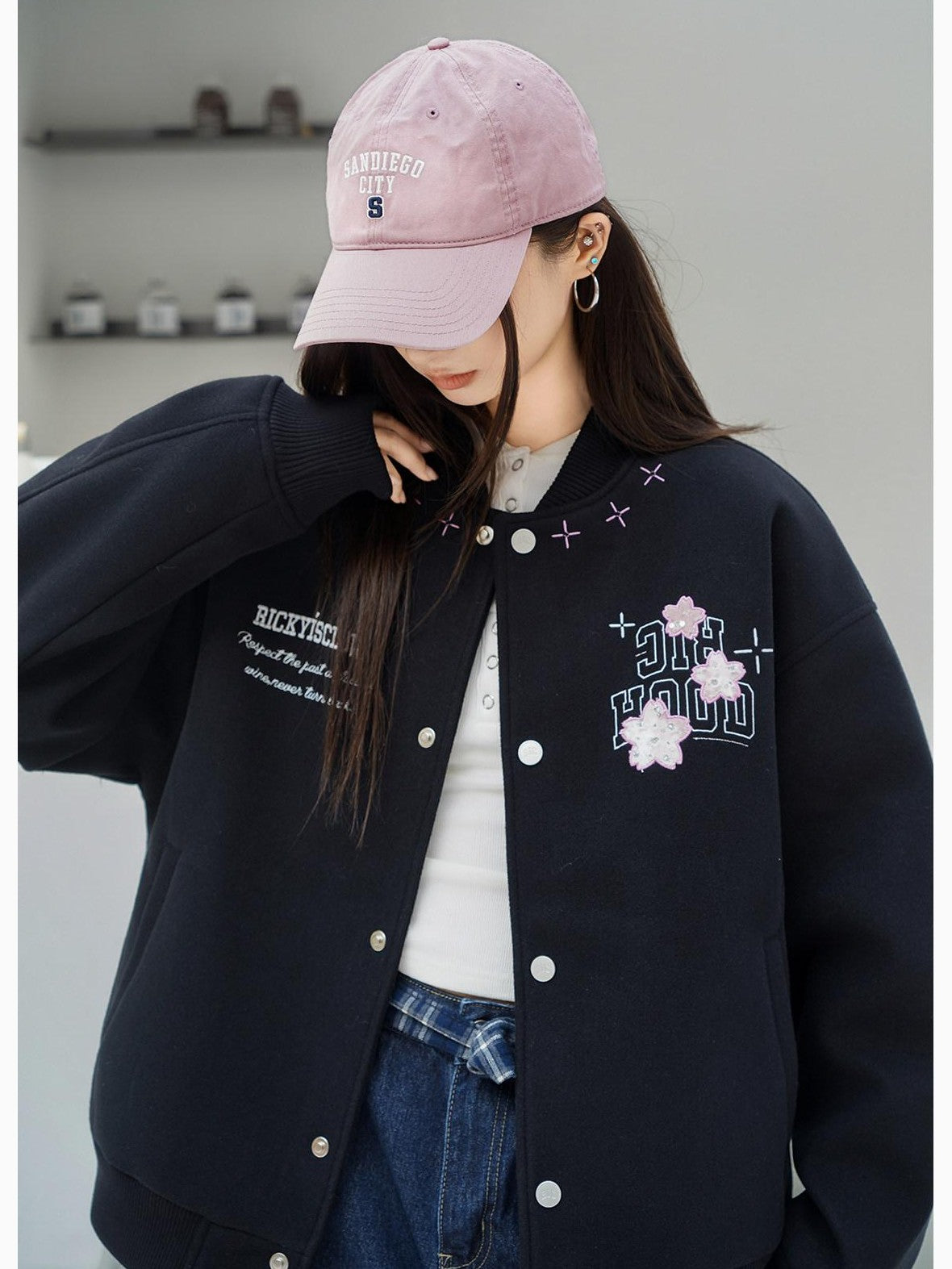 RickyisClown Cherry Blossom Applique Embroidery Men's Oversized Loose Fit Baseball Jerseys