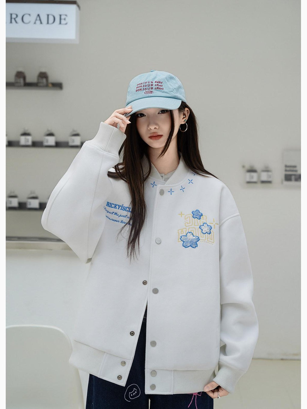 RickyisClown Cherry Blossom Applique Embroidery Men's Oversized Loose Fit Baseball Jerseys