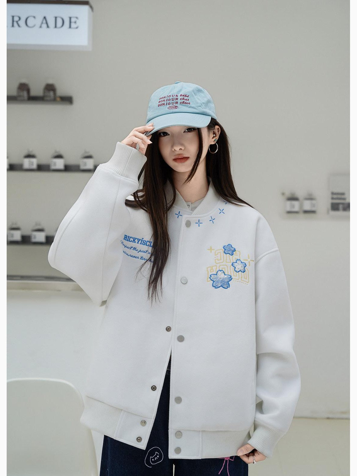 RickyisClown Cherry Blossom Applique Embroidery Men's Oversized Loose Fit Baseball Jerseys