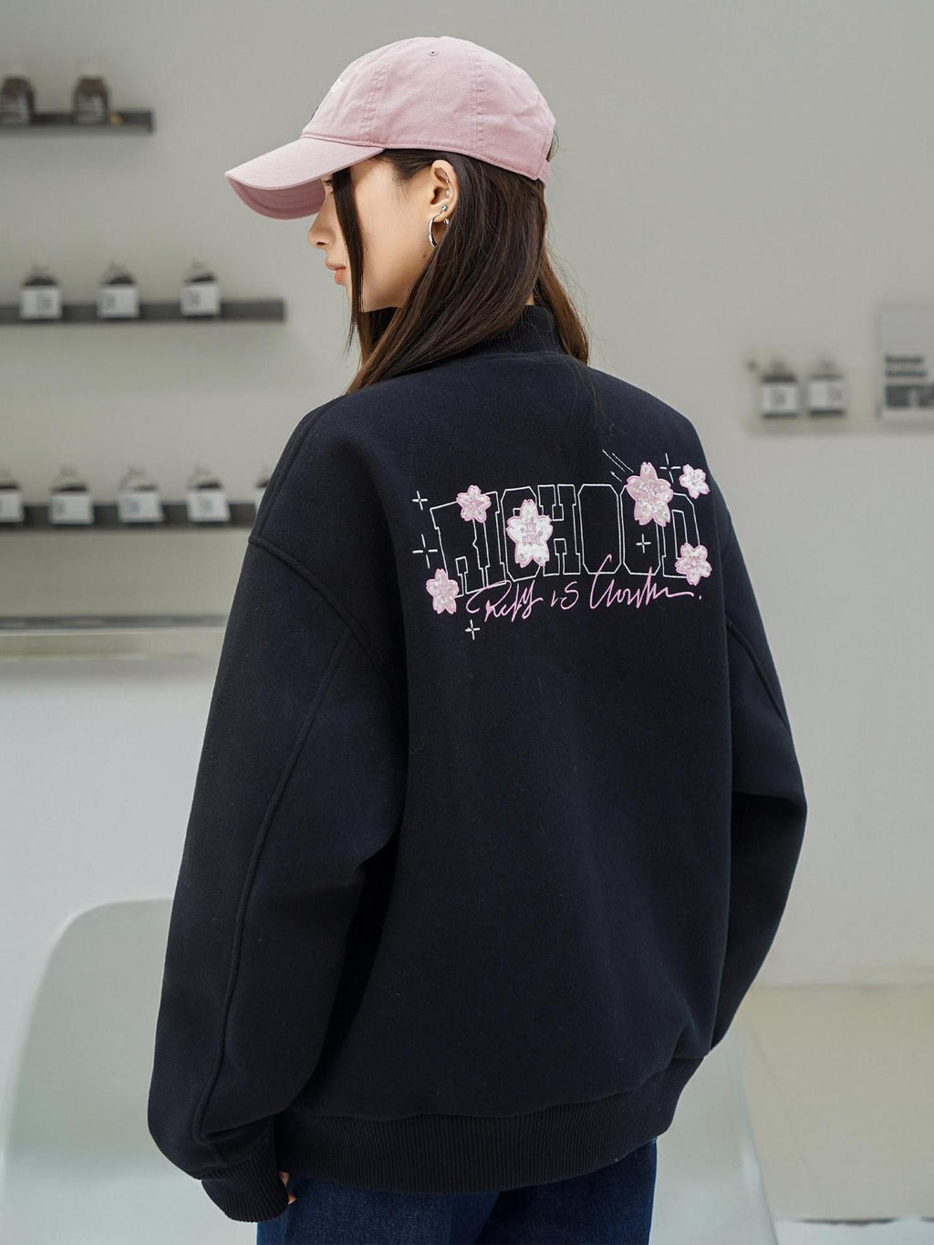 RickyisClown Cherry Blossom Applique Embroidery Men's Oversized Loose Fit Baseball Jerseys