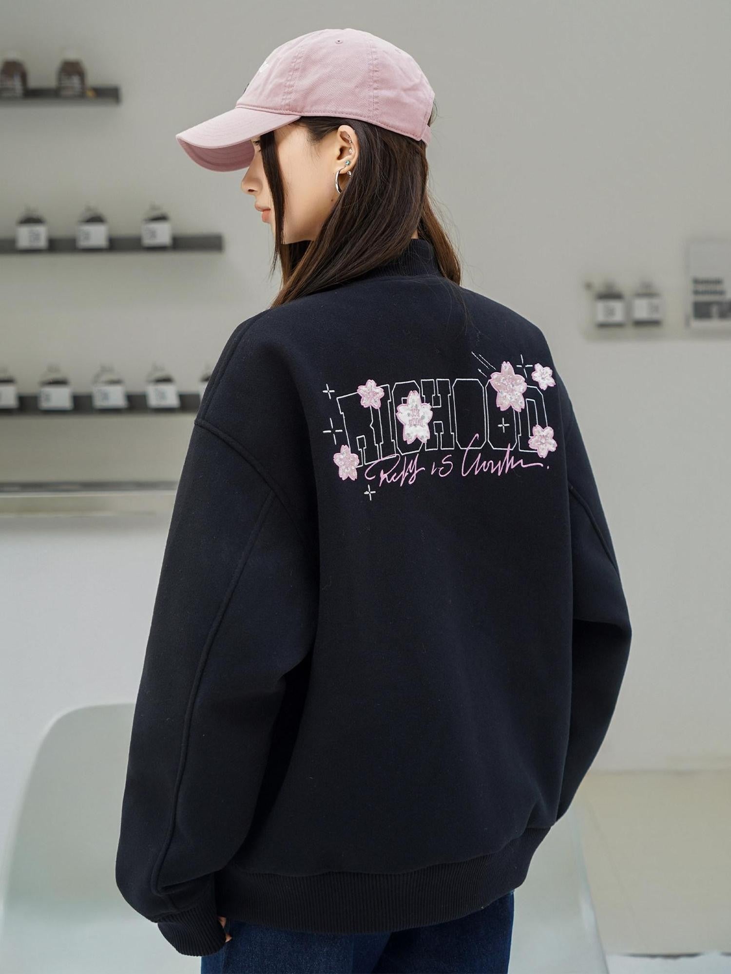 RickyisClown Cherry Blossom Applique Embroidery Men's Oversized Loose Fit Baseball Jerseys
