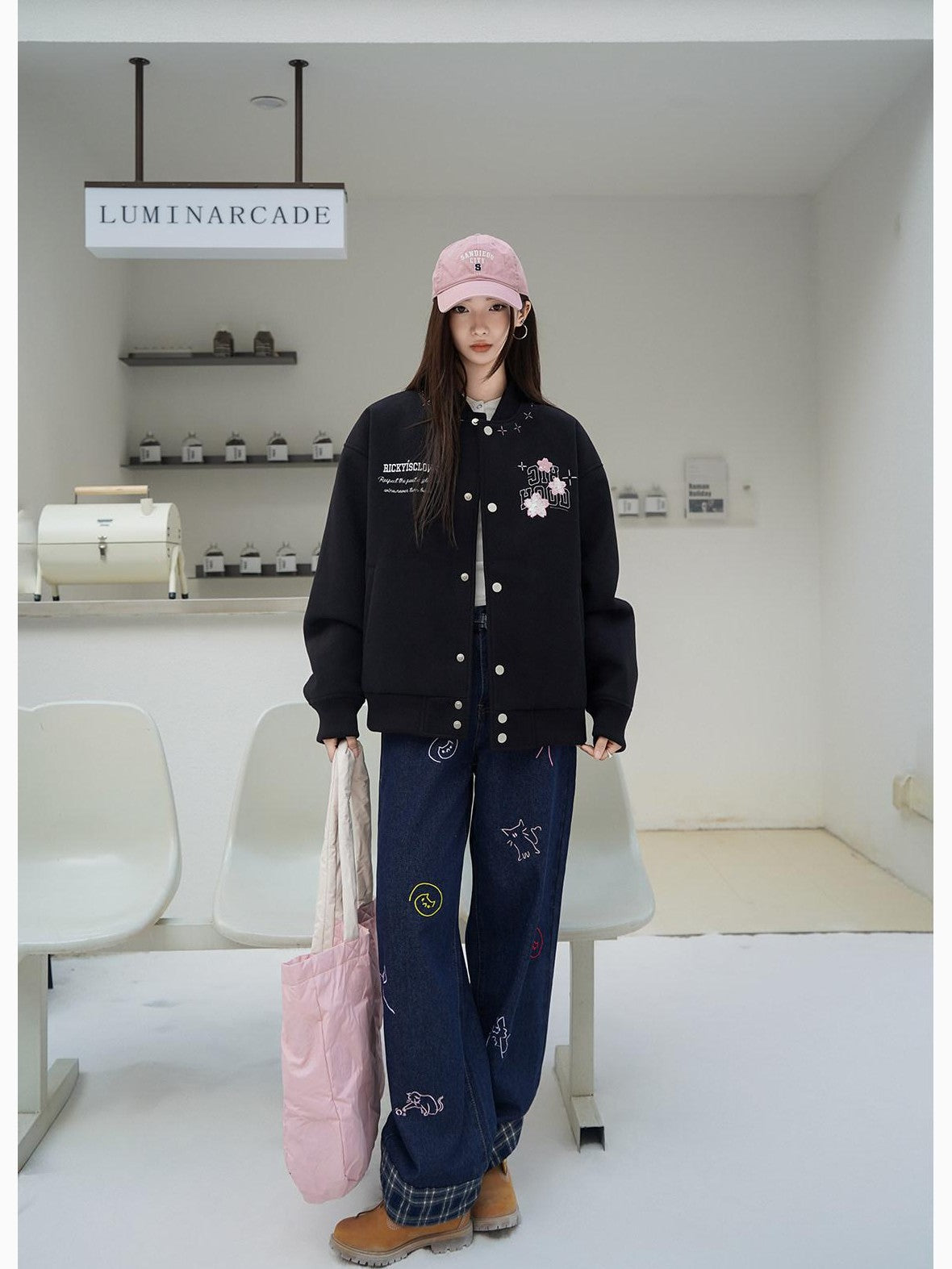 RickyisClown Cherry Blossom Applique Embroidery Men's Oversized Loose Fit Baseball Jerseys