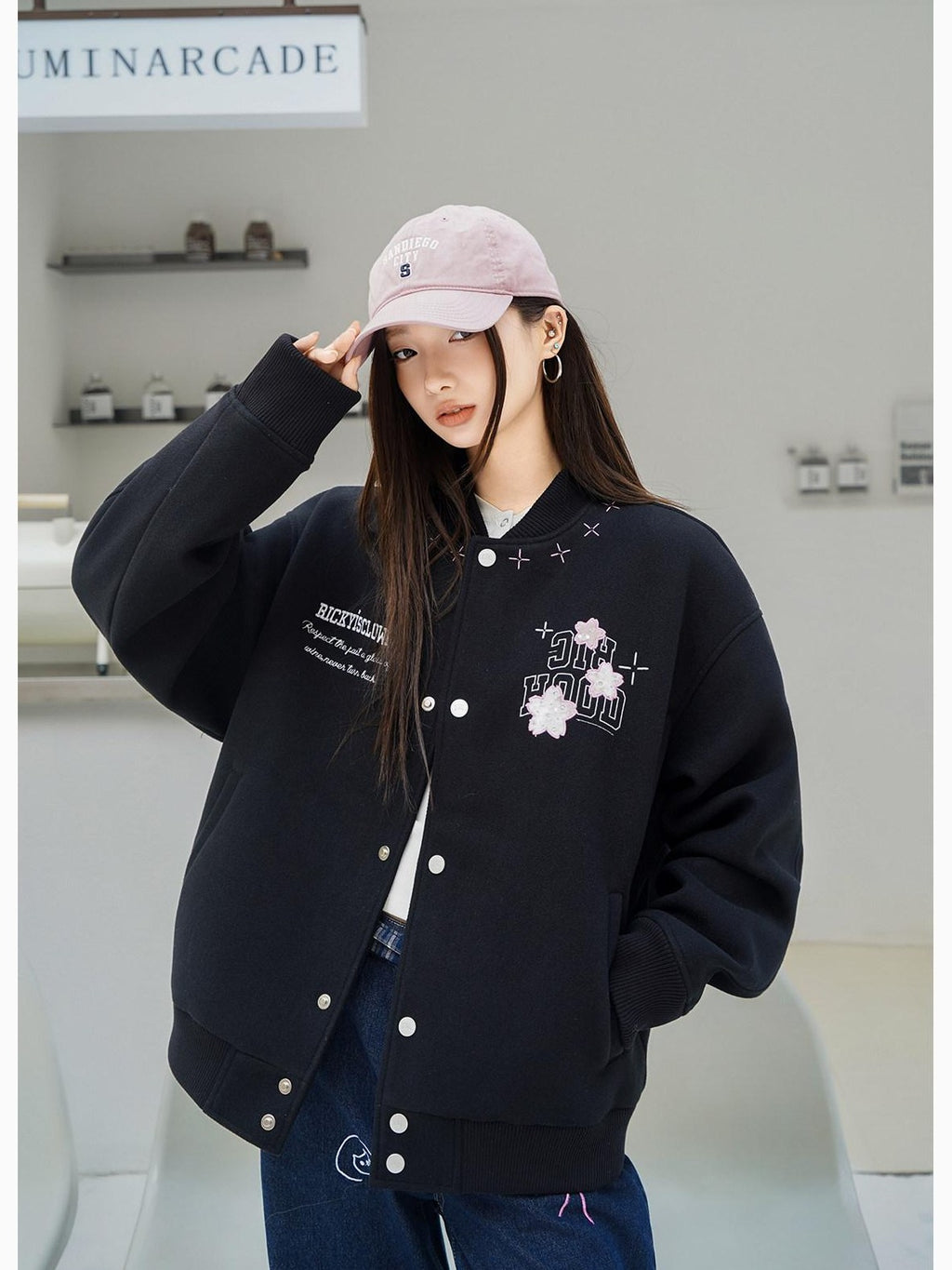 RickyisClown Cherry Blossom Applique Embroidery Men's Oversized Loose Fit Baseball Jerseys