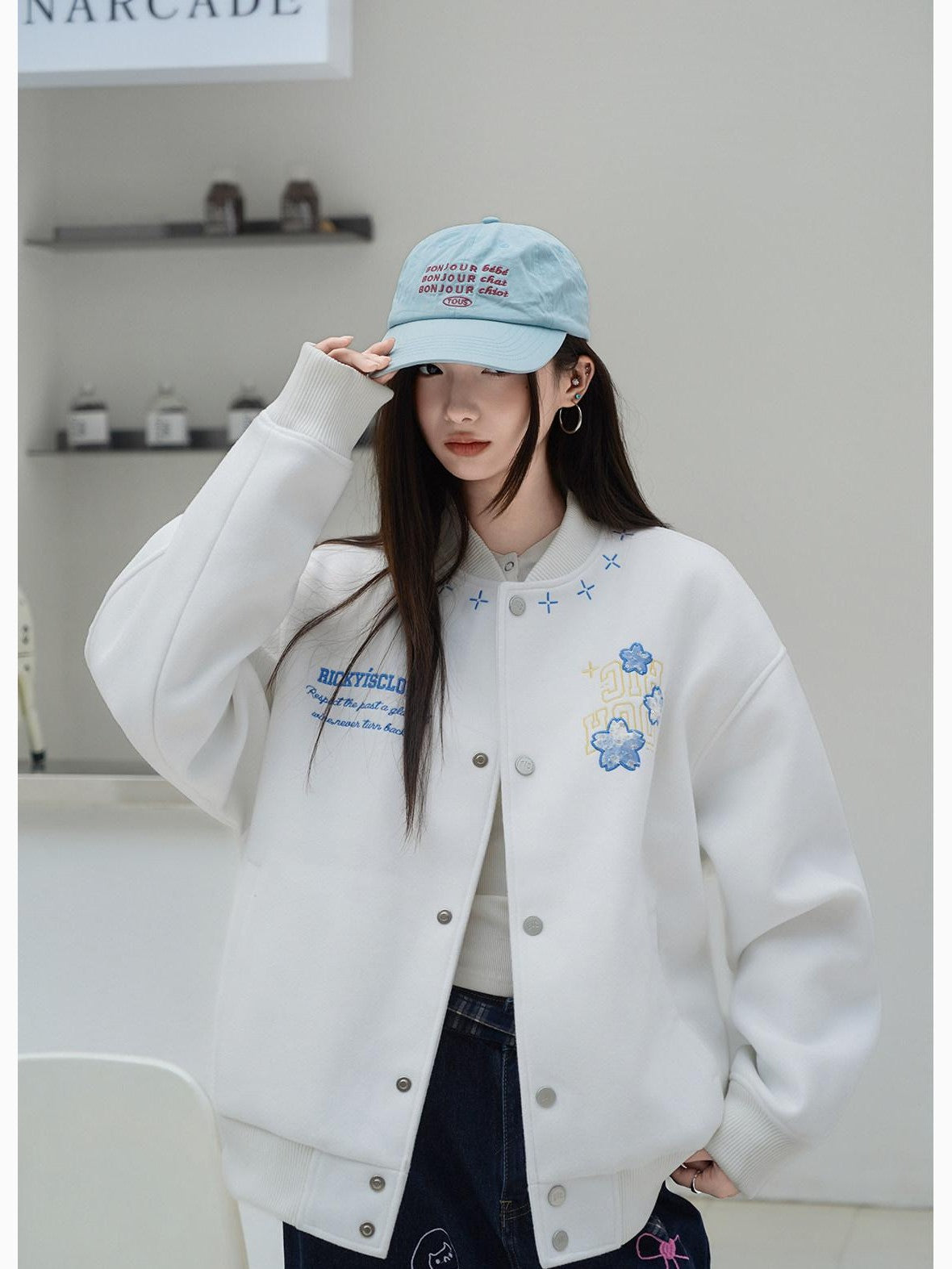 RickyisClown Cherry Blossom Applique Embroidery Men's Oversized Loose Fit Baseball Jerseys