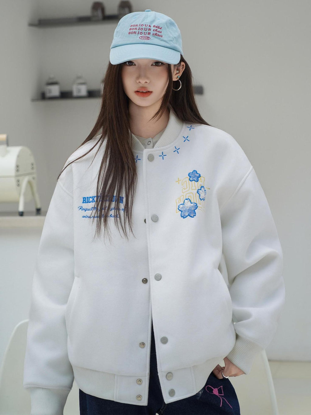 RickyisClown Cherry Blossom Applique Embroidery Men's Oversized Loose Fit Baseball Jerseys