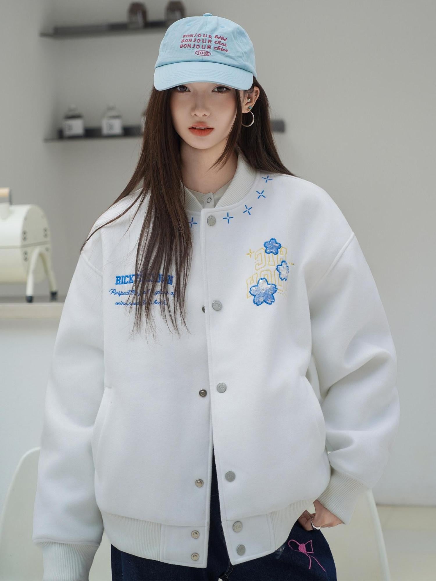 RickyisClown Cherry Blossom Applique Embroidery Men's Oversized Loose Fit Baseball Jerseys