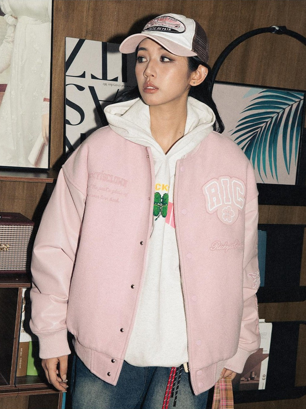 RickyisClown Cherry Blossom Embroidered Patch Collegiate Men's Quilted Varsity Jackets