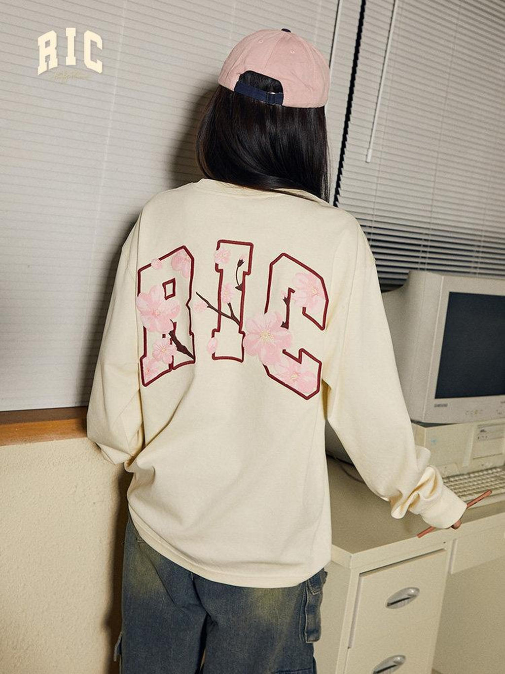 RickyisClown Cherry Blossom Print Loose Fit Men's Cotton Blend Long Sleeve T-shirts