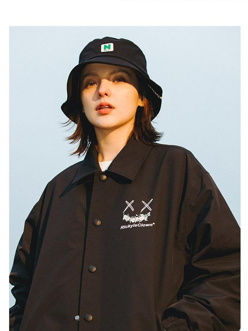 RickyisClown Clown Camellia Circular Lettering Graphic Men's Coach Jackets