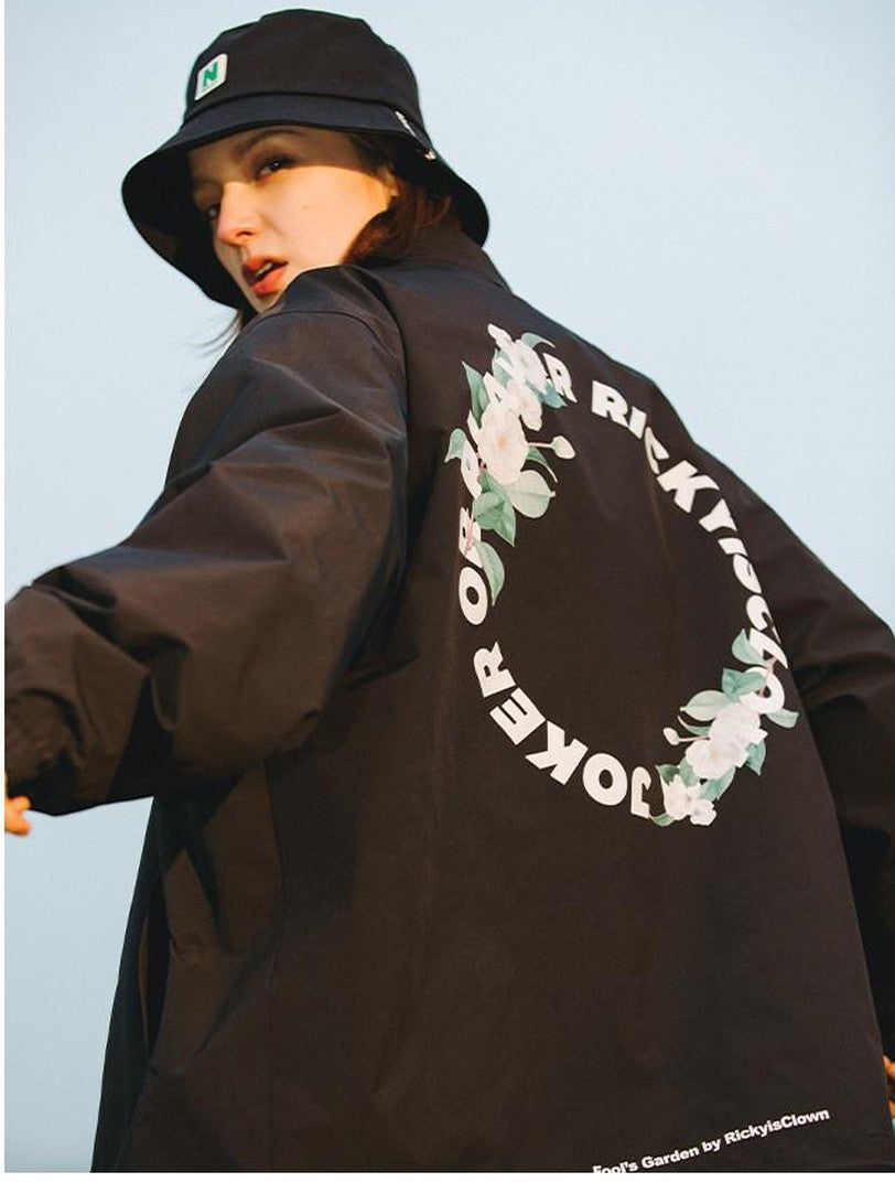 RickyisClown Clown Camellia Circular Lettering Graphic Men's Coach Jackets