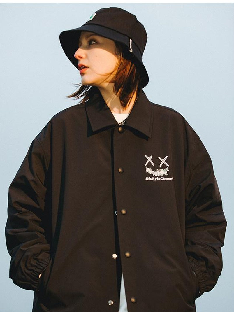 RickyisClown Clown Camellia Circular Lettering Graphic Men's Coach Jackets