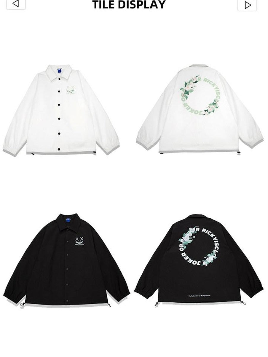 RickyisClown Clown Camellia Circular Lettering Graphic Men's Coach Jackets