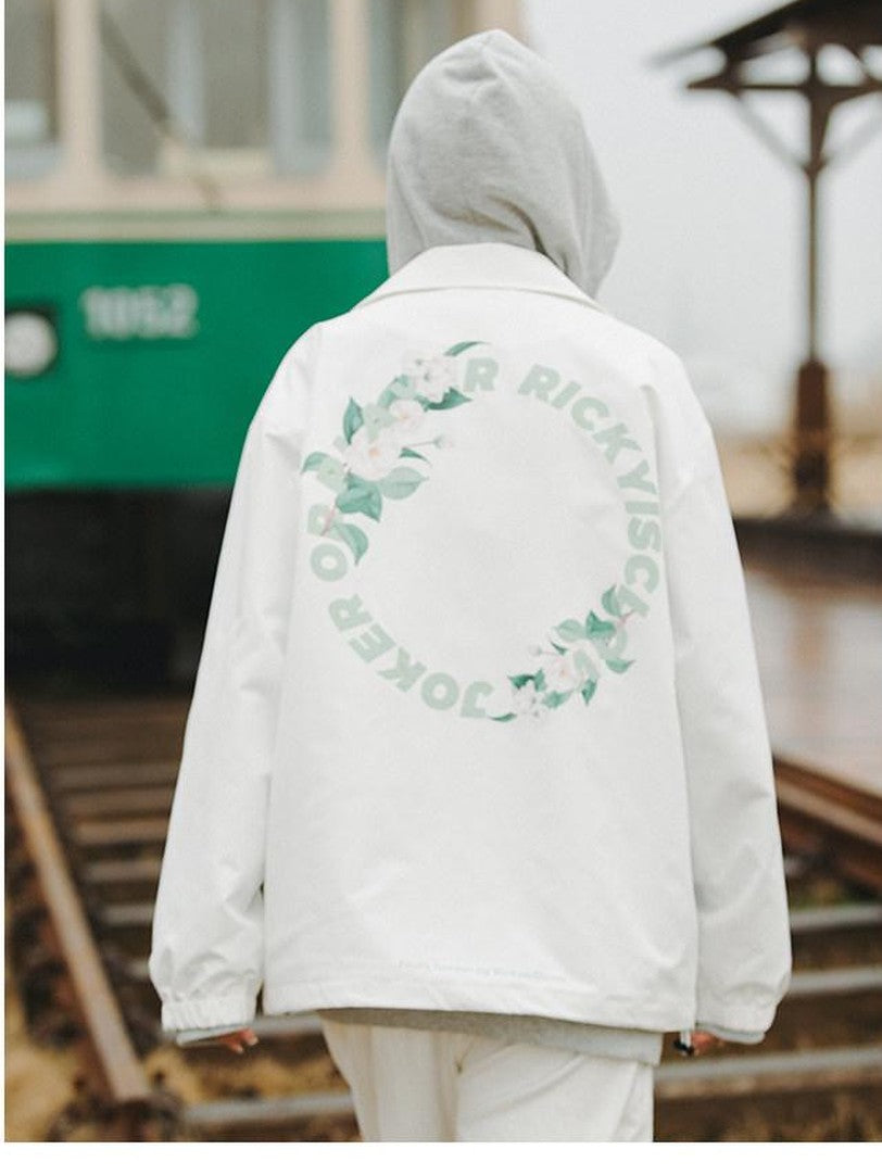 RickyisClown Clown Camellia Circular Lettering Graphic Men's Coach Jackets