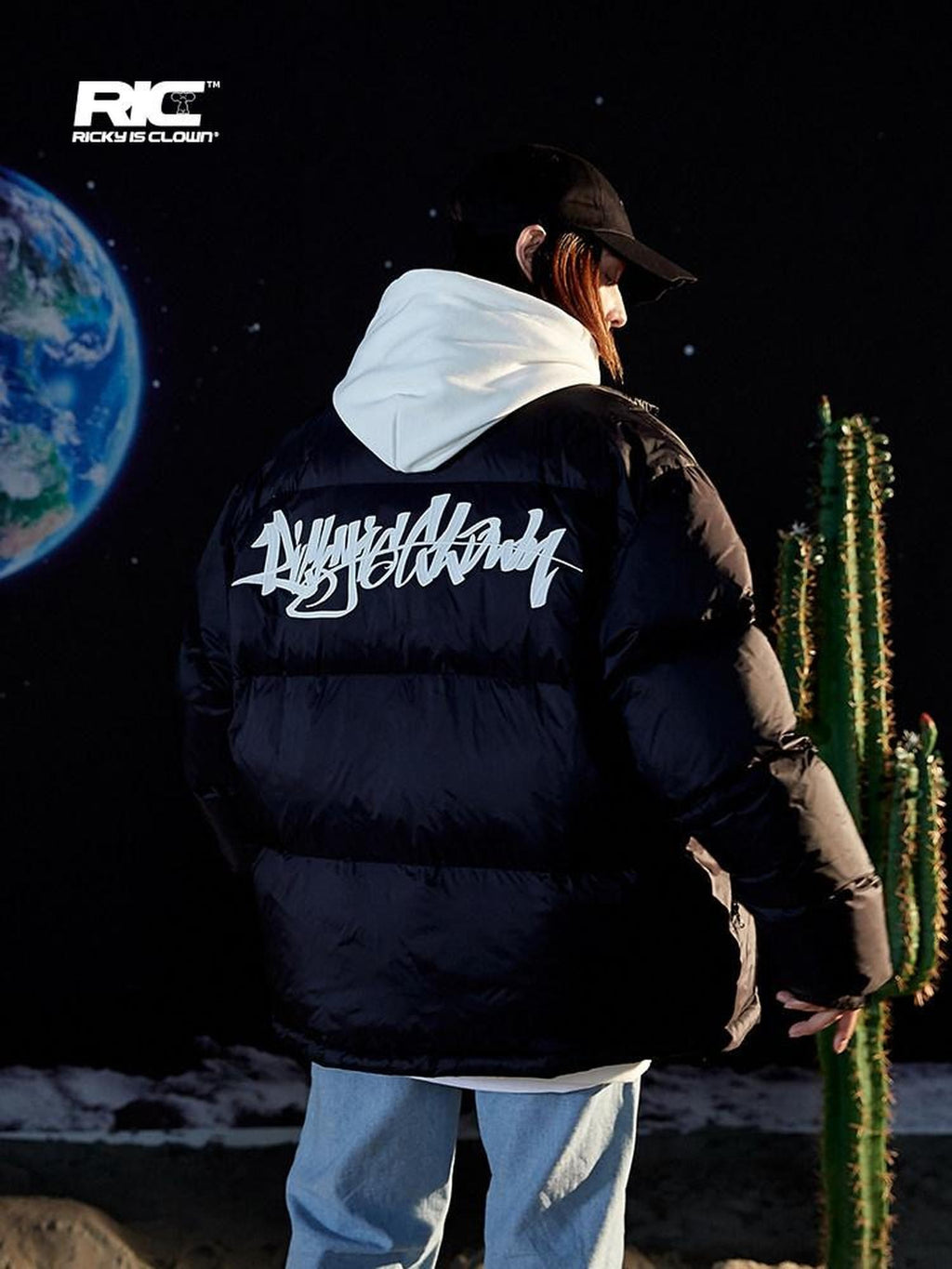 RickyisClown Clown Handwritten 3d Embroidered Loose Fit Men's Puffer Down Jackets