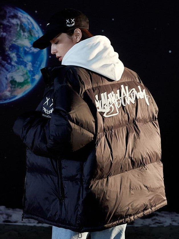 RickyisClown Clown Handwritten 3d Embroidered Loose Fit Men's Puffer Down Jackets