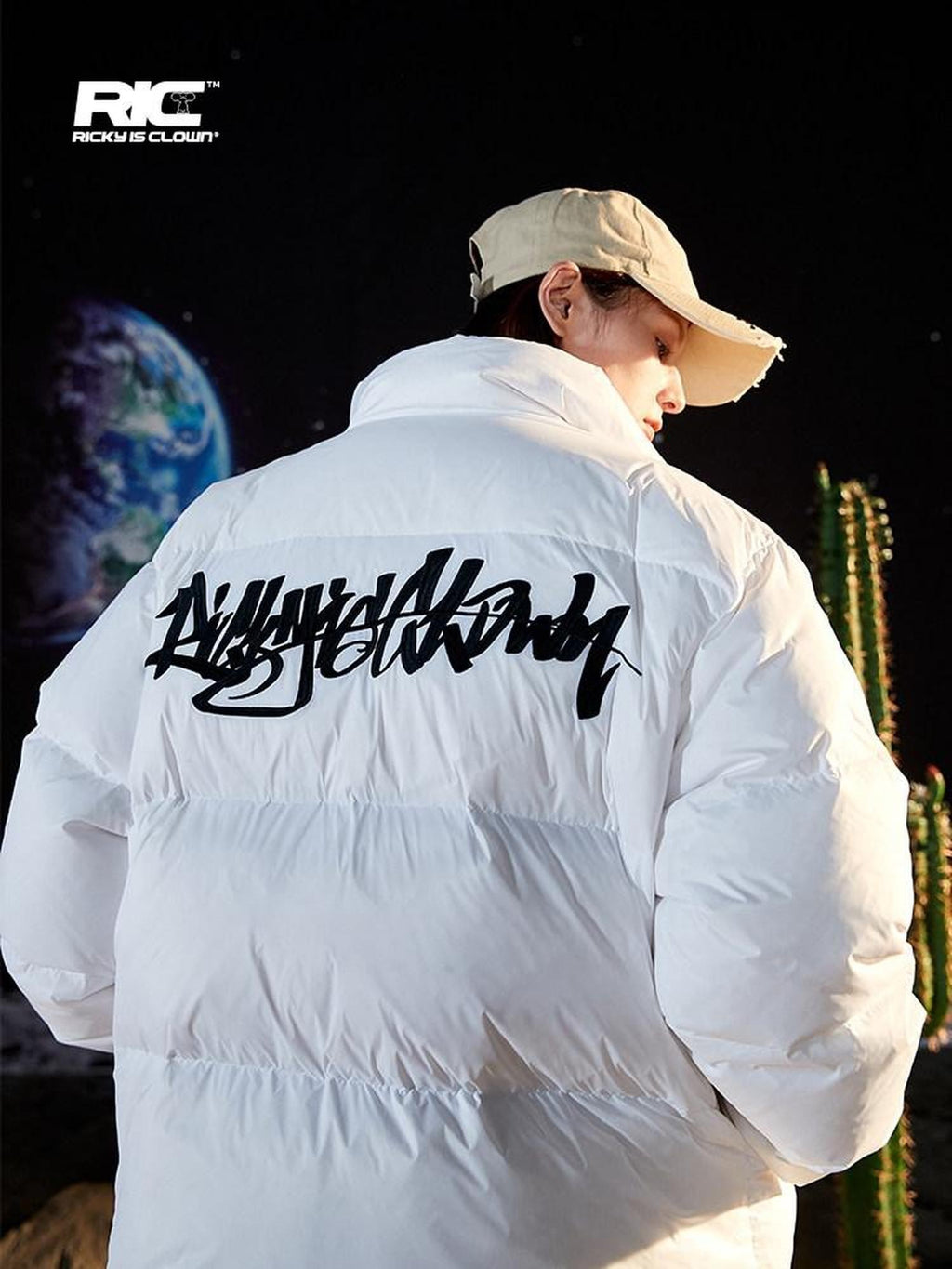 RickyisClown Clown Handwritten 3d Embroidered Loose Fit Men's Puffer Down Jackets